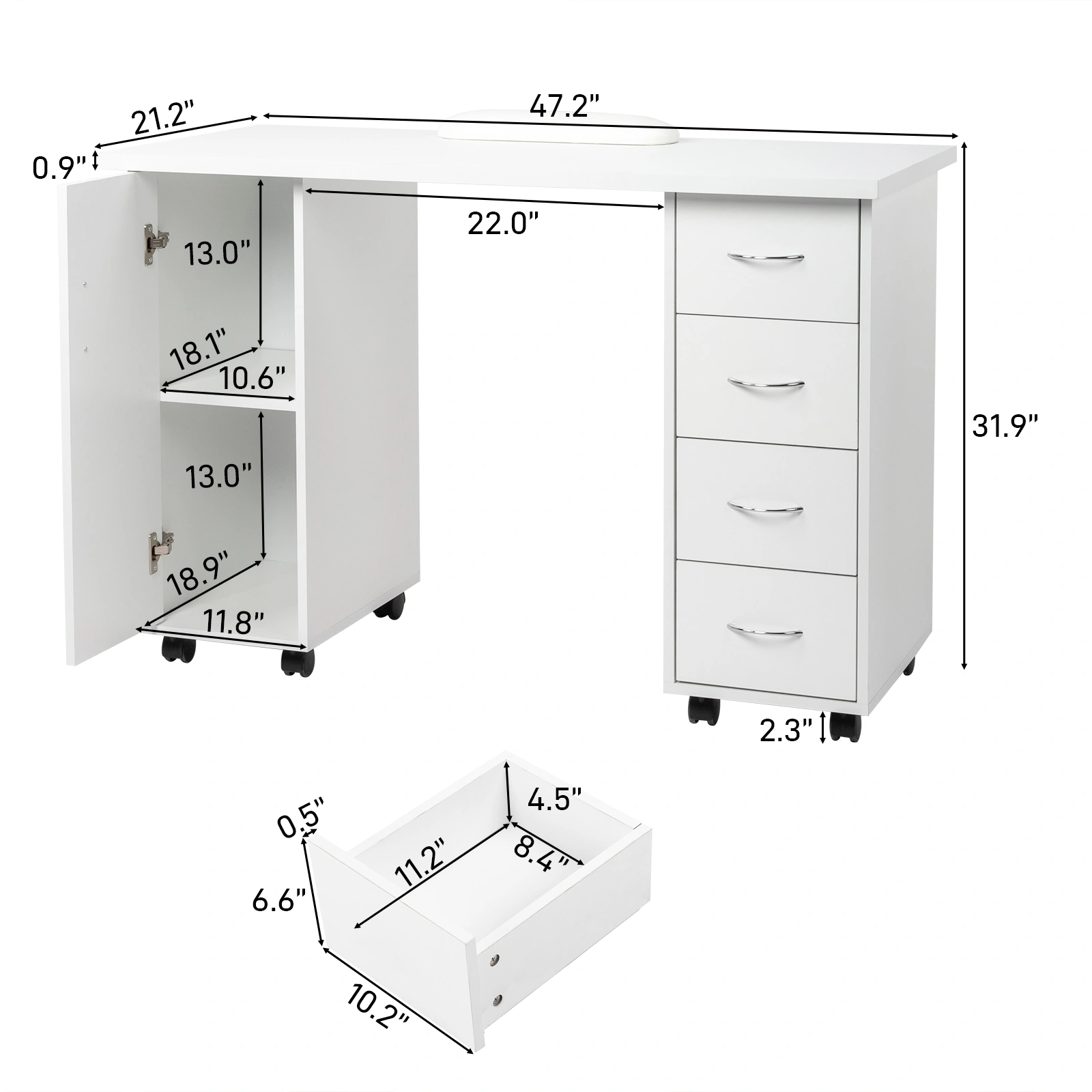 Double Edged Manicure Nail Table with Drawer White view 13