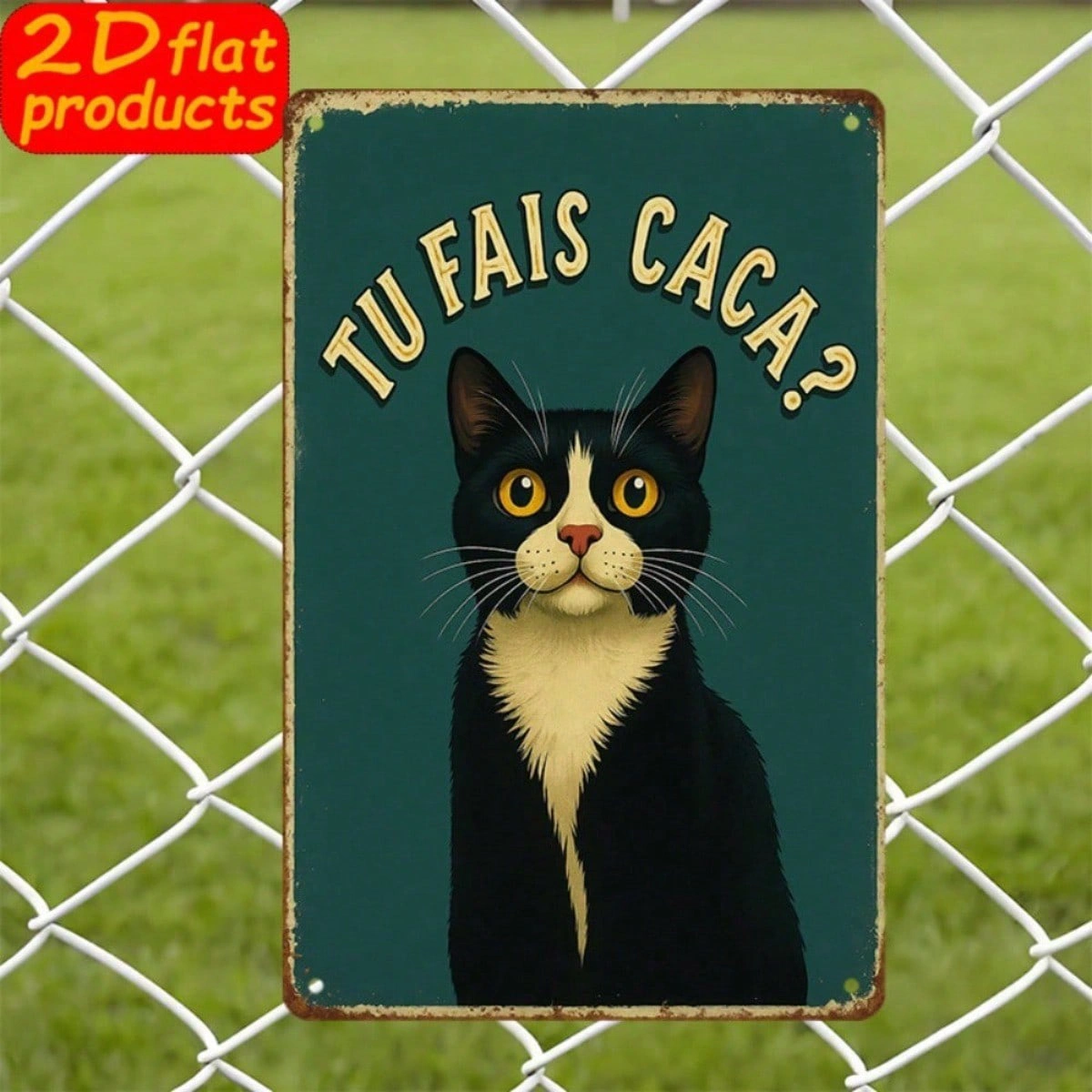CIFbuy Vintage Black Cat Metal Wall Sign, TU FAIS" CACA? French Text Funny Decor, Weatherproof Rustproof UV Resistant, 7.87x11.81 Inch 2