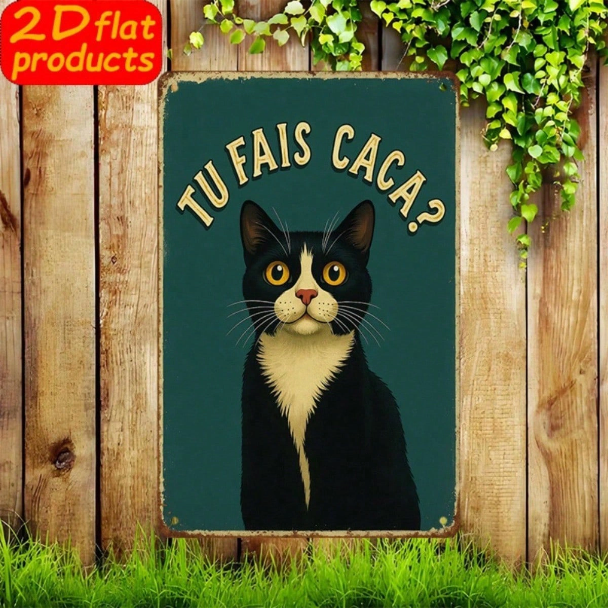 CIFbuy Vintage Black Cat Metal Wall Sign, TU FAIS" CACA? French Text Funny Decor, Weatherproof Rustproof UV Resistant, 7.87x11.81 Inch 2 view 2