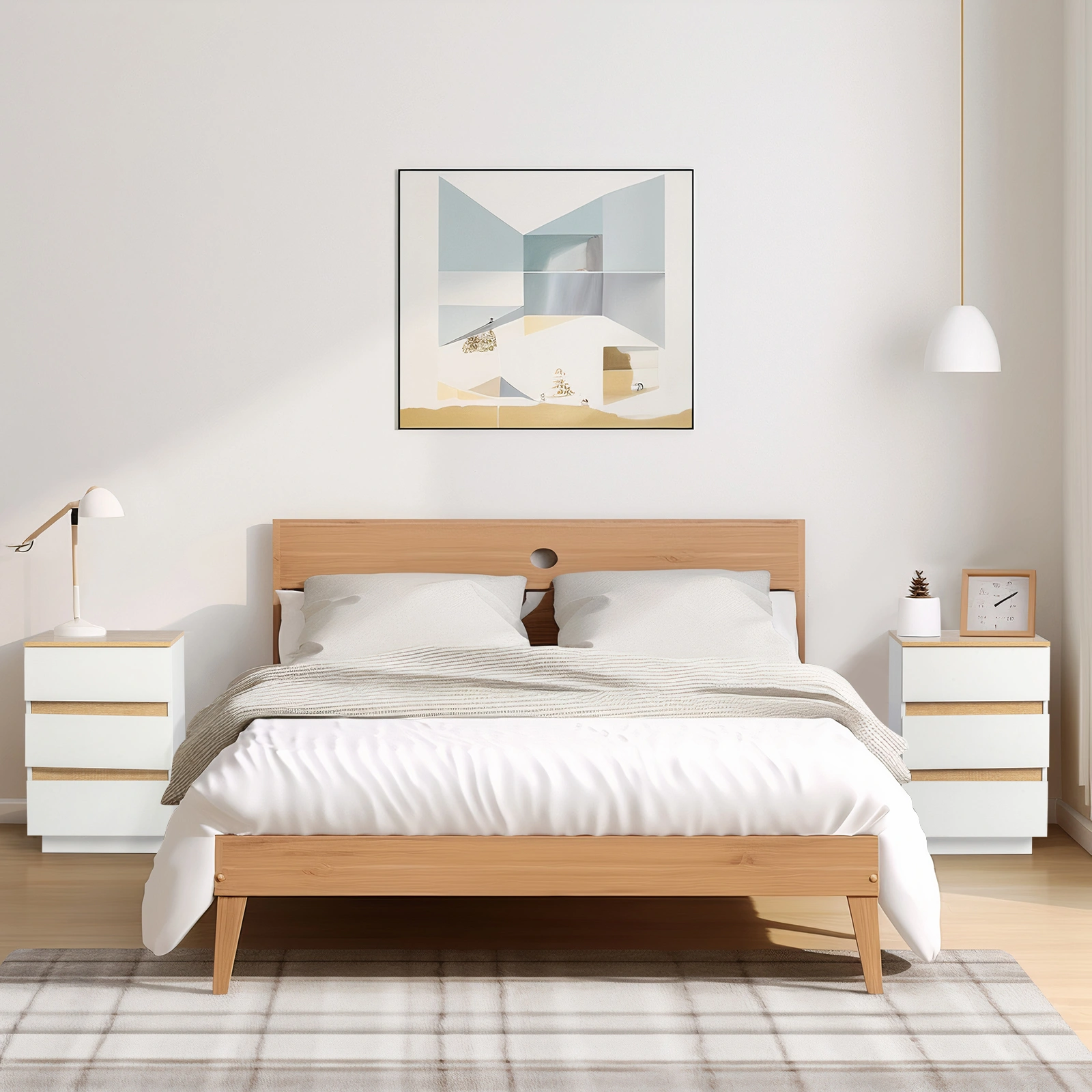 Embossed White & Oak Bedside Table, 3-Drawer Nightstand, 12mm E1 Particle Board, Handle-Free Design, 38x32x56cm, White Oak view 2