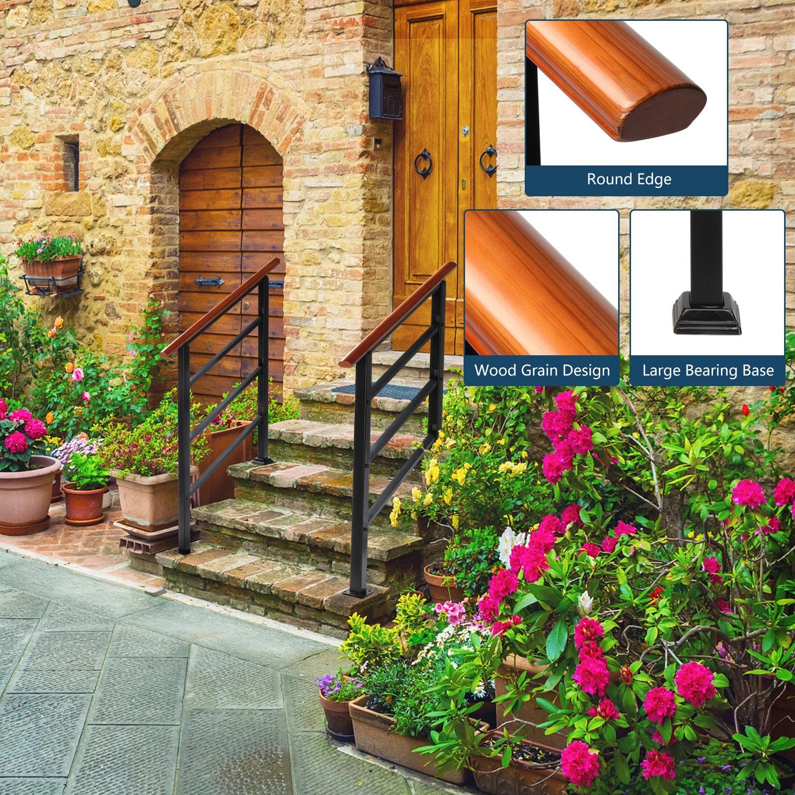 Handrails for Outdoor Steps, Wrought Iron & Solid Wood Handrail for Concrete/Porch/Wooden Steps, Fits 1 to 3 Steps, Easy Install view 3