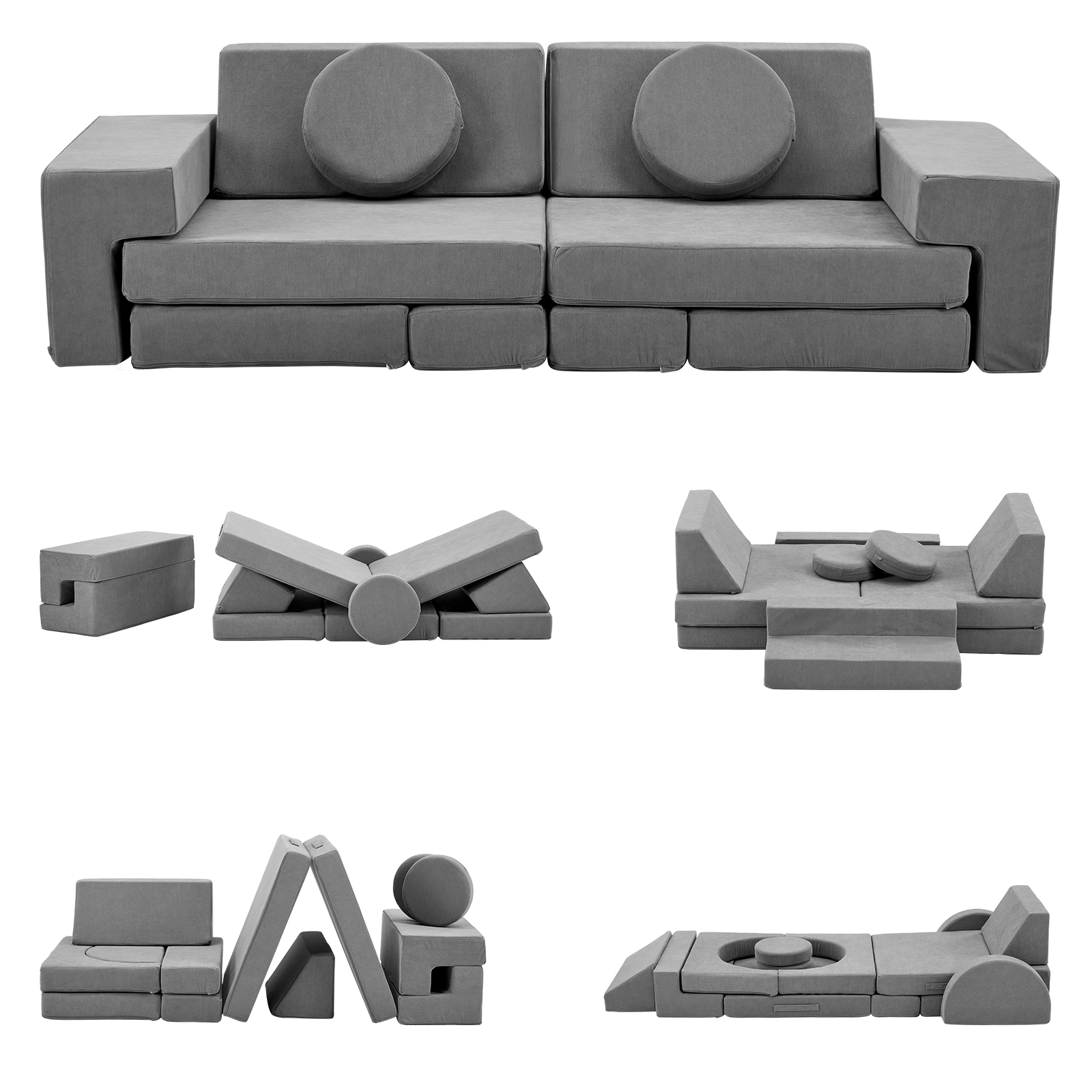14 PCS Modular Kids Play Couch Convertible Foam Building Block Sofa Fort Set Corduroy Detachable Floor Couch for Toddlers Grey