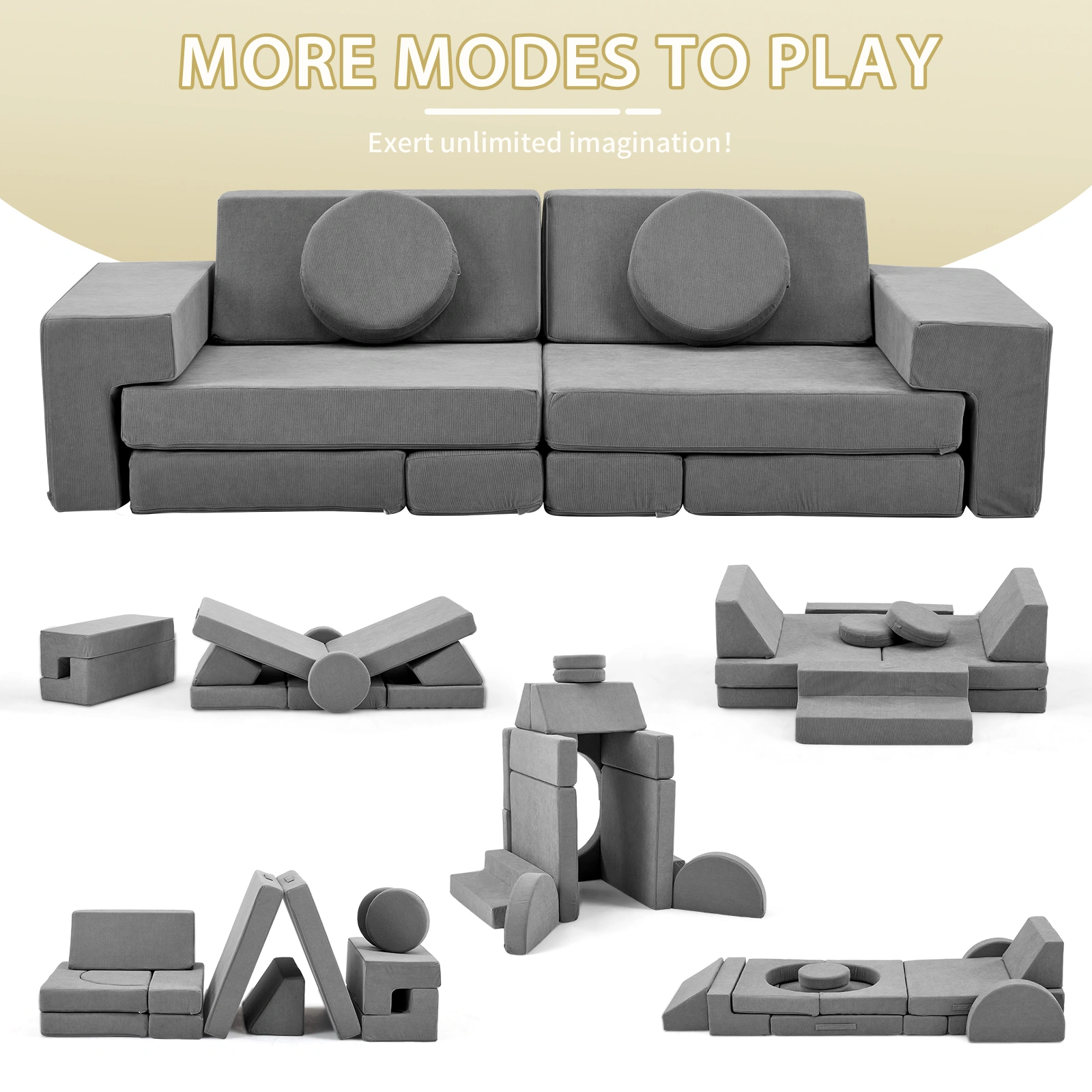 14 PCS Modular Kids Play Couch Convertible Foam Building Block Sofa Fort Set Corduroy Detachable Floor Couch for Toddlers Grey view 3