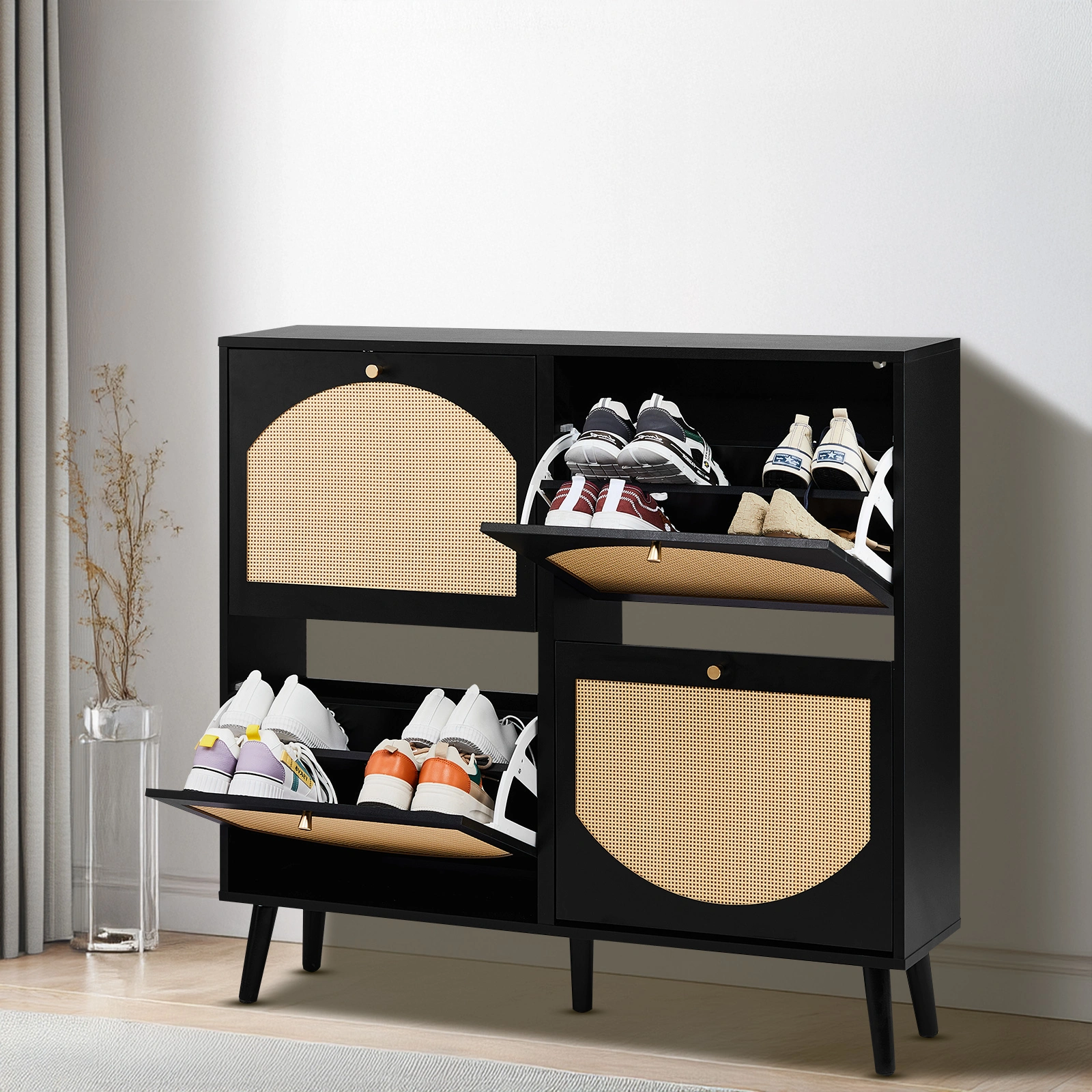 2 rows of 4 dump buckets with high-leg arched rattan shoe cabinet particle board + plastic rattan 105*24*98cm black frame + original wood rattan surface + black high-leg shoe cabinet