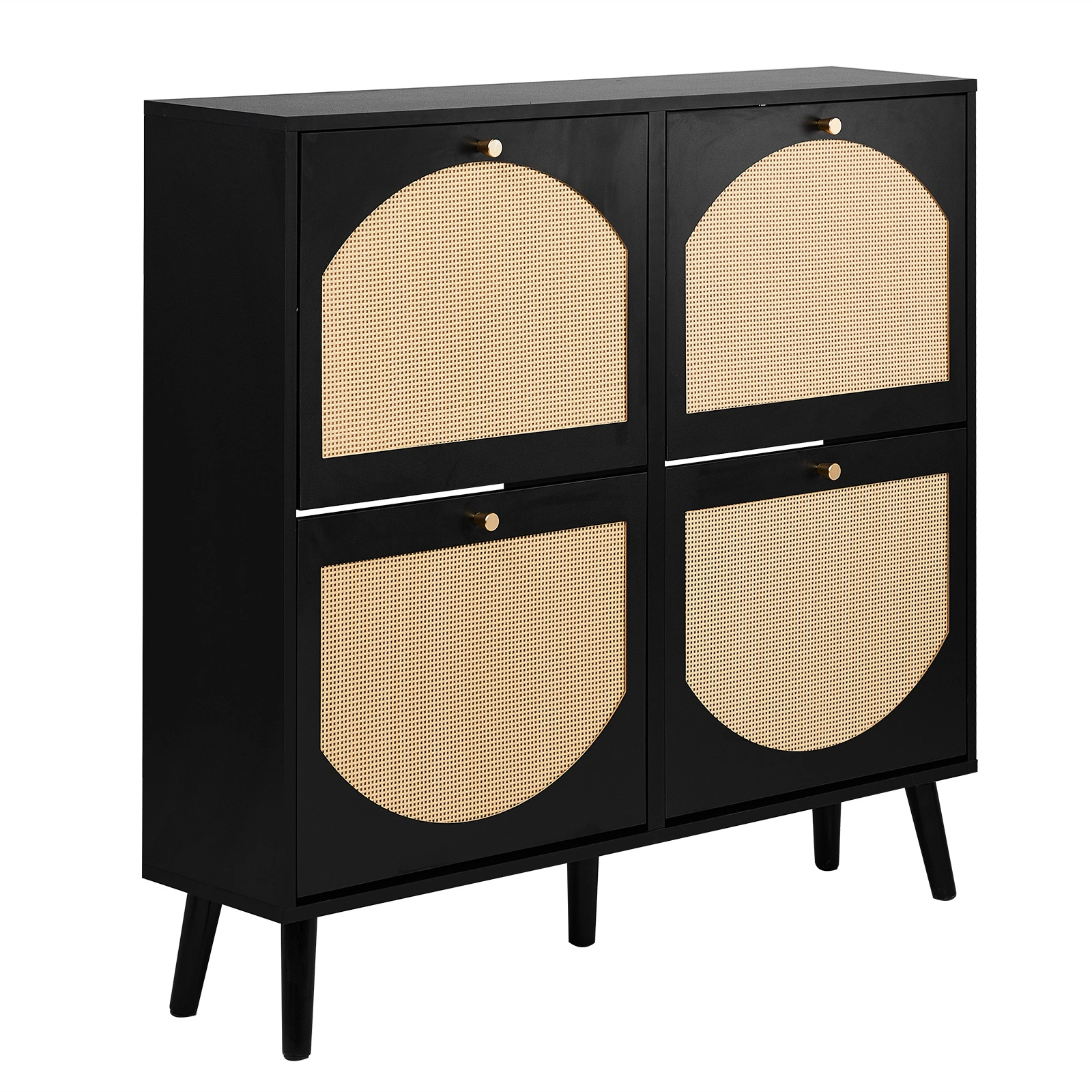 2 rows of 4 dump buckets with high-leg arched rattan shoe cabinet particle board + plastic rattan 105*24*98cm black frame + original wood rattan surface + black high-leg shoe cabinet view 10