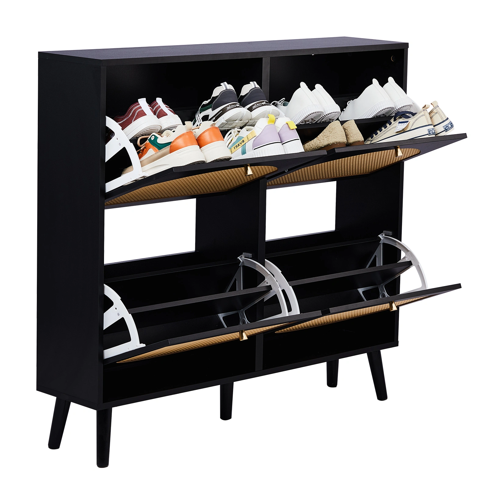 2 rows of 4 dump buckets with high-leg arched rattan shoe cabinet particle board + plastic rattan 105*24*98cm black frame + original wood rattan surface + black high-leg shoe cabinet view 2