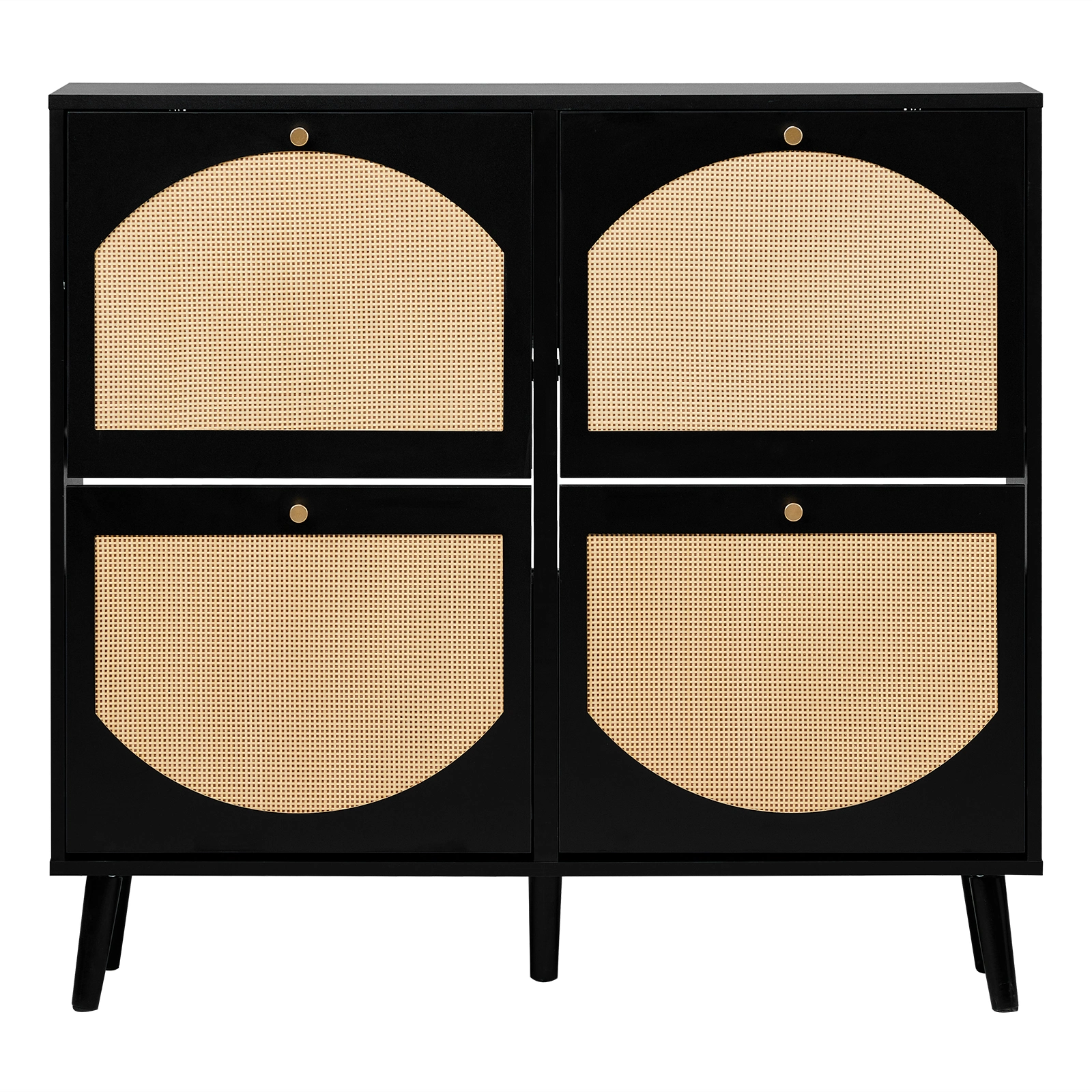 2 rows of 4 dump buckets with high-leg arched rattan shoe cabinet particle board + plastic rattan 105*24*98cm black frame + original wood rattan surface + black high-leg shoe cabinet view 3