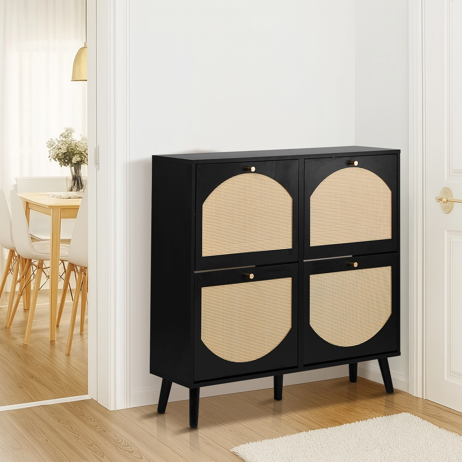 2 rows of 4 dump buckets with high-leg arched rattan shoe cabinet particle board + plastic rattan 105*24*98cm black frame + original wood rattan surface + black high-leg shoe cabinet view 4
