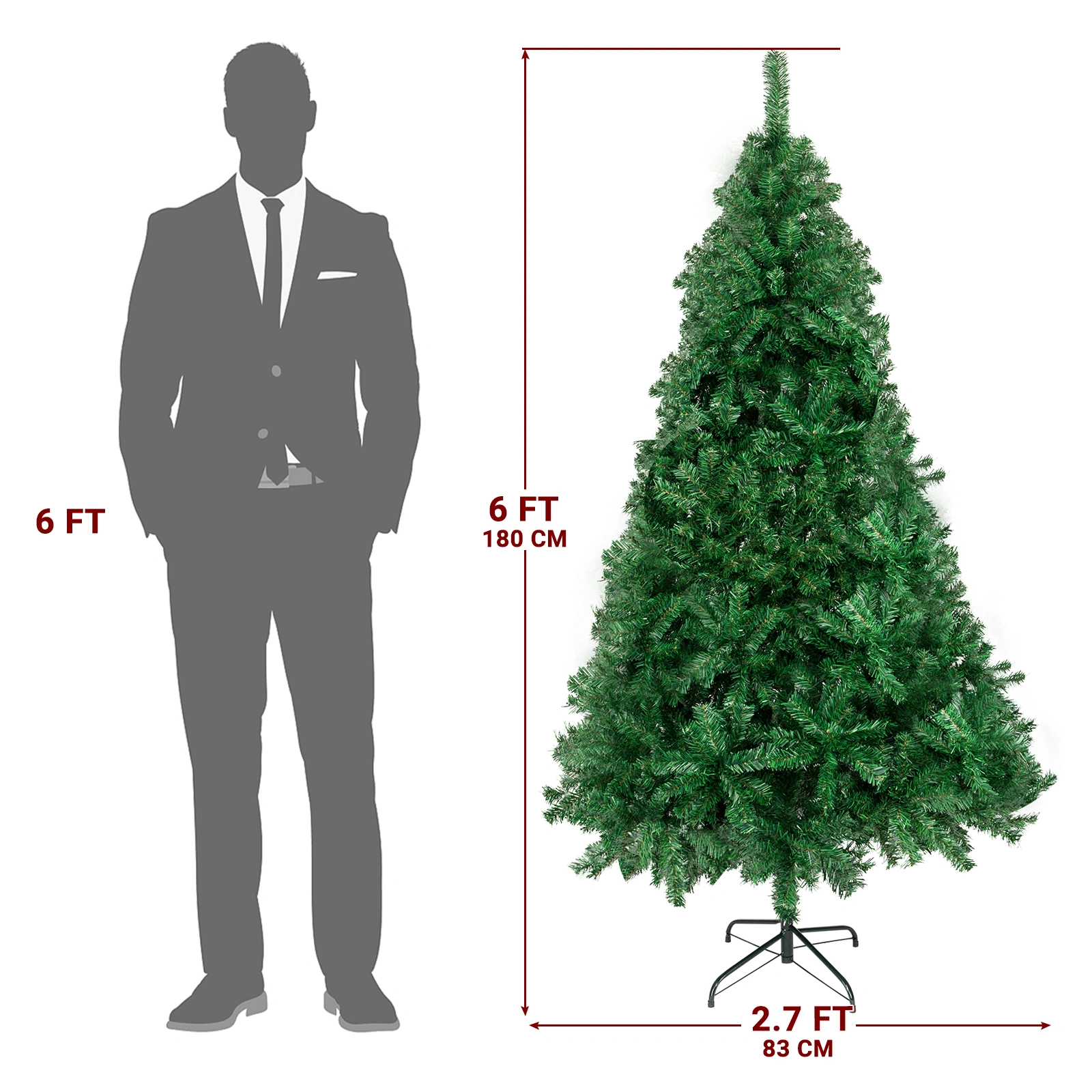 6 FT Artificial Christmas Pine Tree - Unlit Full Green Tree with 650 Branch Tips & Sturdy Metal Stand for Home Office Party Holiday Decoration view 3