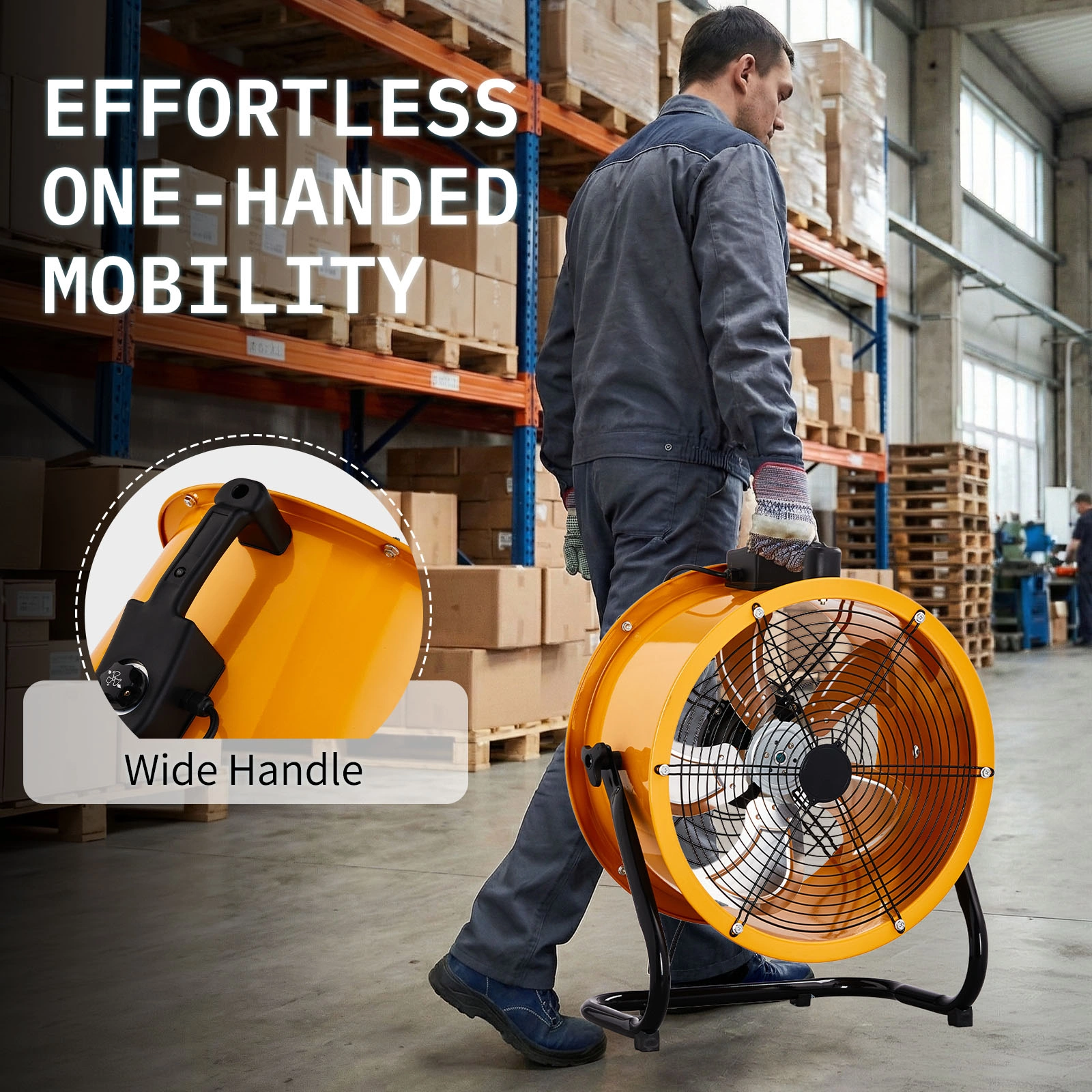 US Standard MLD-400 Barrel Fan 110V 192W 16inch Floor Barrel Fan Mobile Fan with Handle Copper Motor Orange-Yellow Air Circulation Industrial Fan view 7