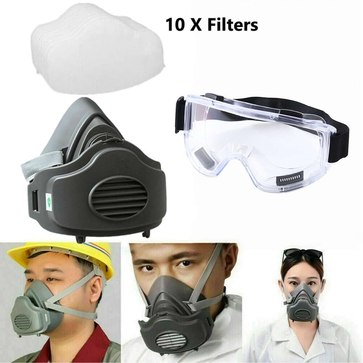 Reusable Half Face Respirator Dust Mask with 10 Replaceable Filters & Goggles for Woodworking Painting Welding