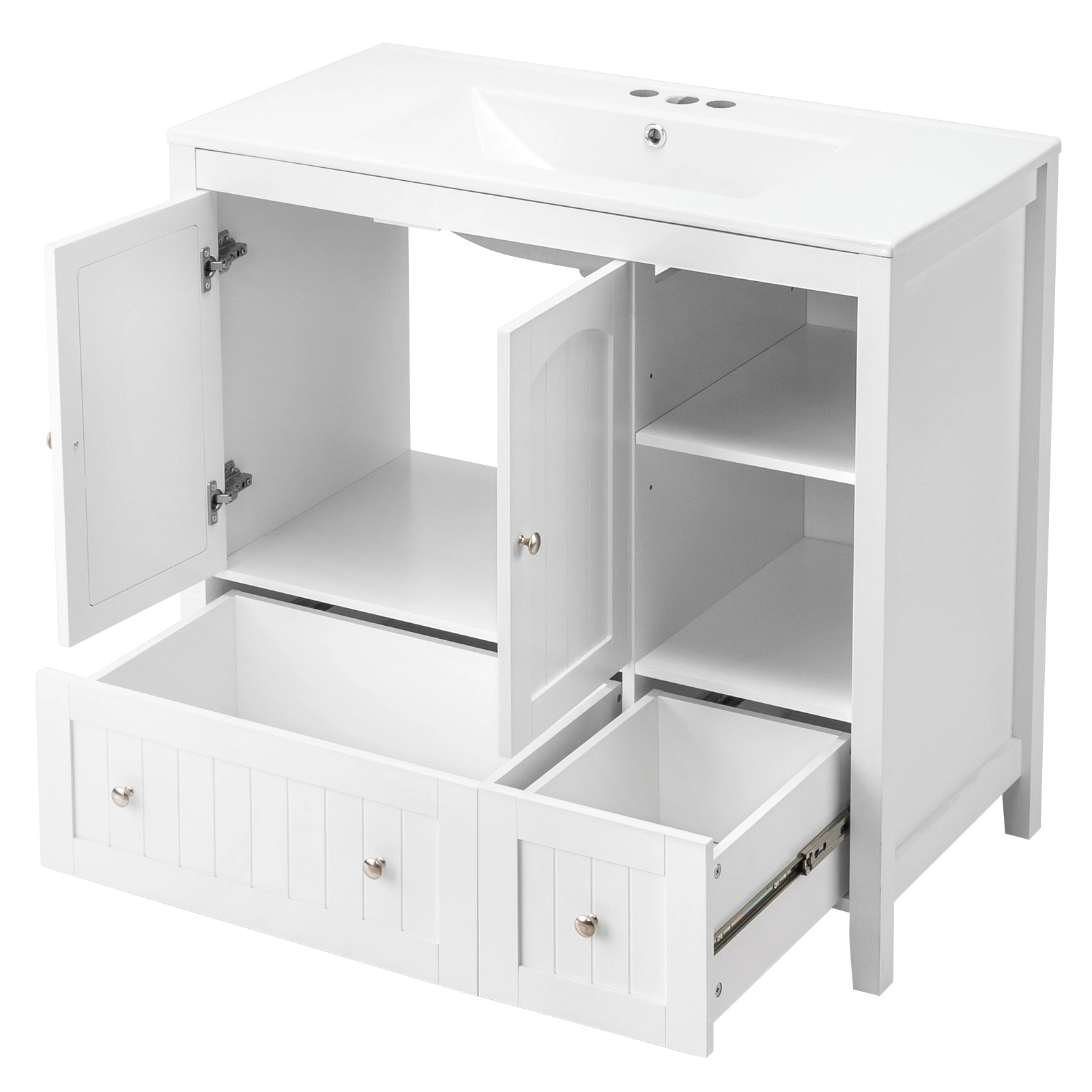 Without Basin White MDF spray paint double door double drawer with decorative strips bathroom cabinet 91*46*82cm view 12
