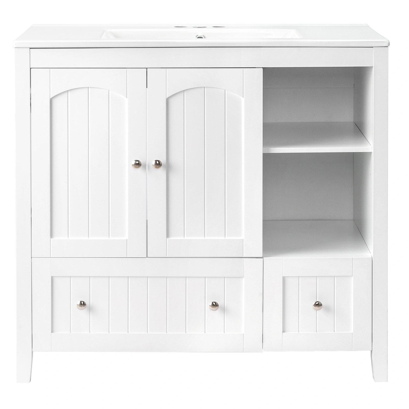 Without Basin White MDF spray paint double door double drawer with decorative strips bathroom cabinet 91*46*82cm view 13