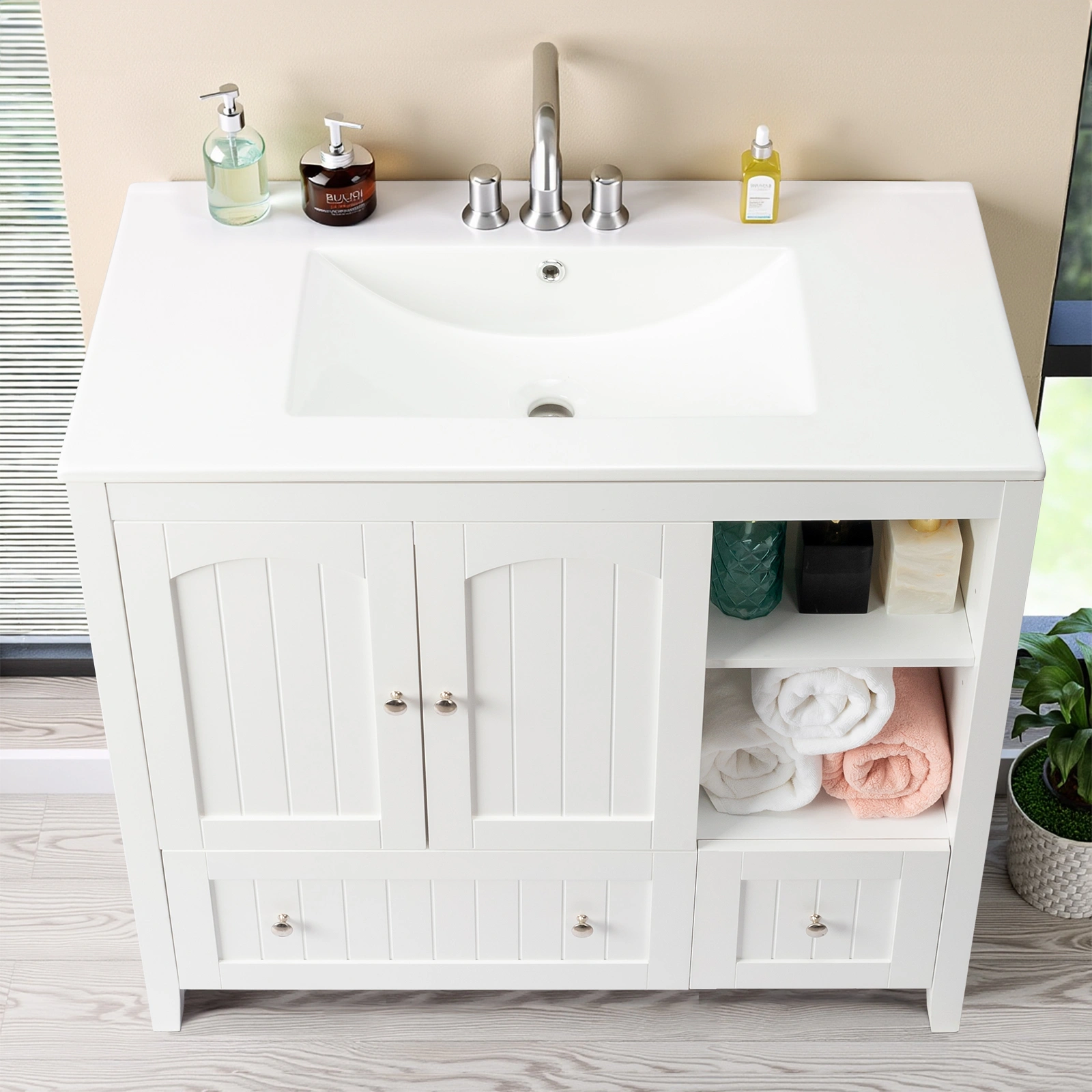 Without Basin White MDF spray paint double door double drawer with decorative strips bathroom cabinet 91*46*82cm view 15