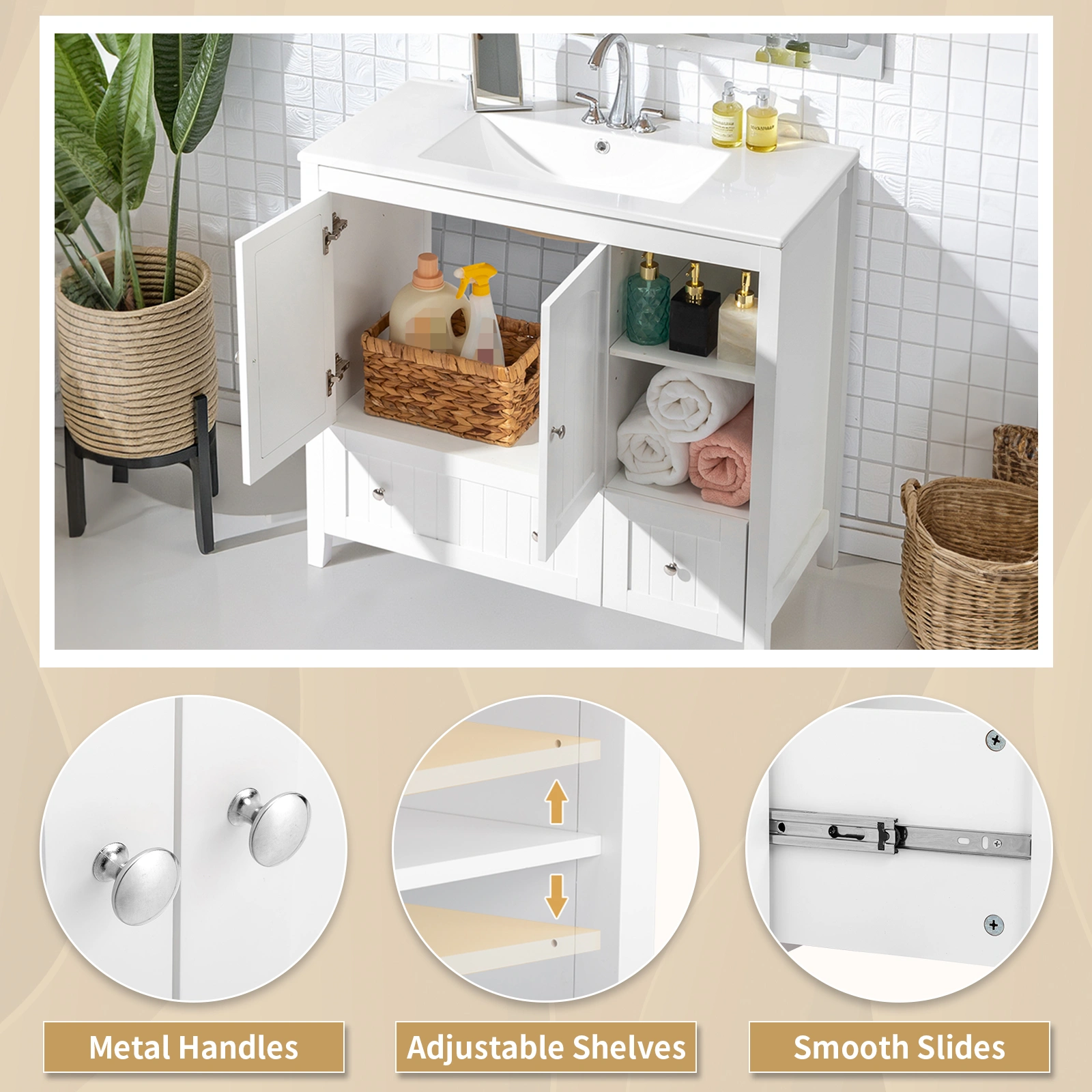 Without Basin White MDF spray paint double door double drawer with decorative strips bathroom cabinet 91*46*82cm view 16