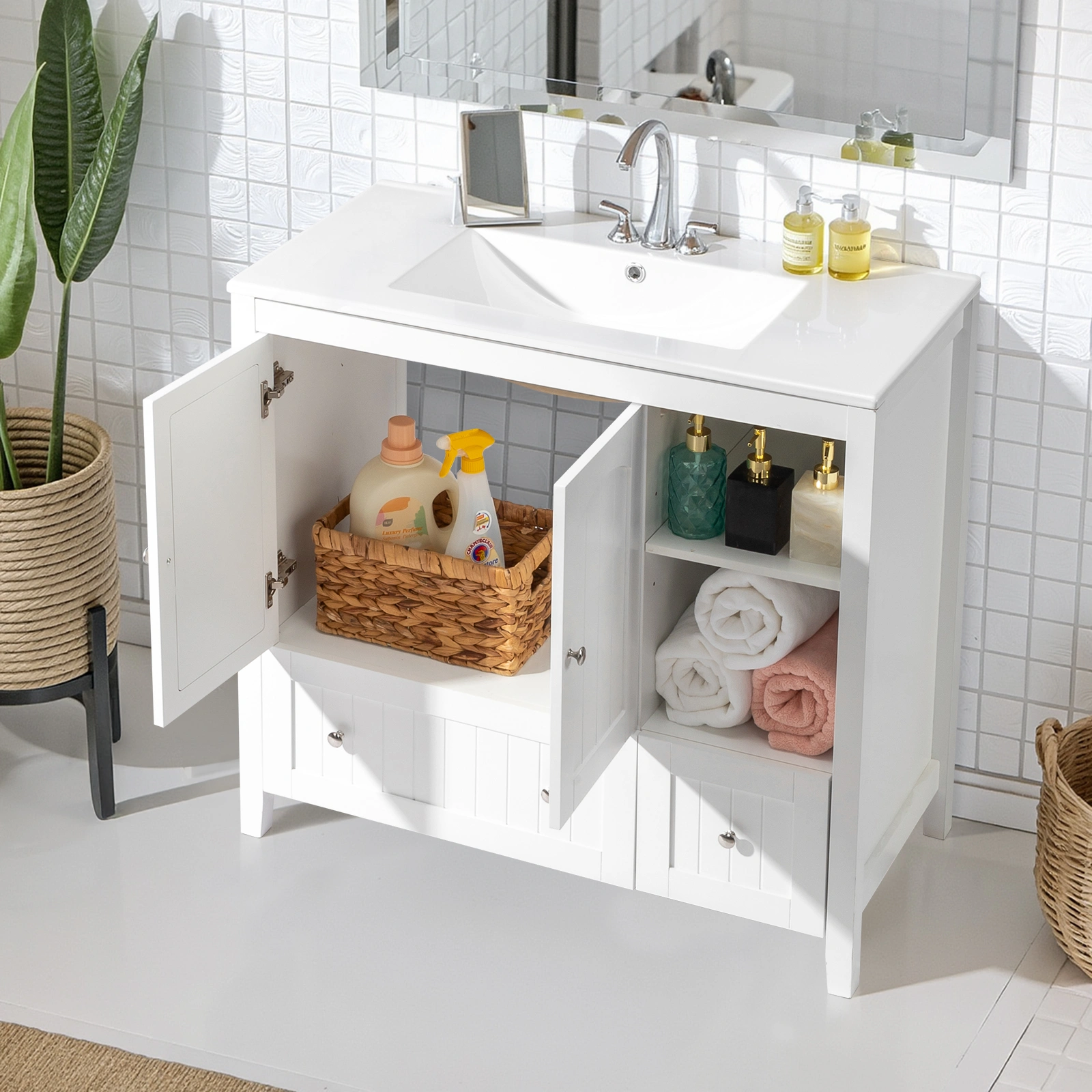Without Basin White MDF spray paint double door double drawer with decorative strips bathroom cabinet 91*46*82cm view 17