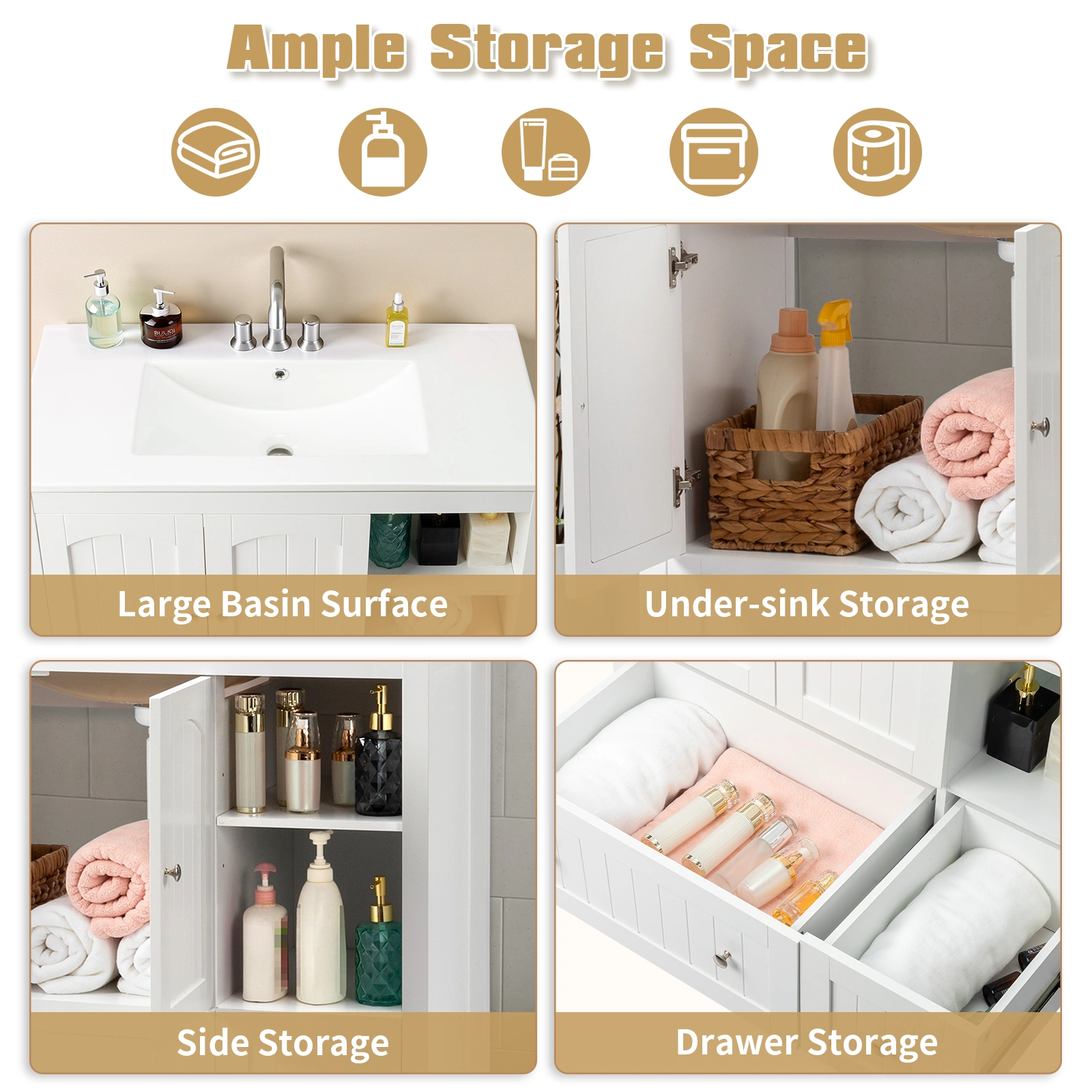 Without Basin White MDF spray paint double door double drawer with decorative strips bathroom cabinet 91*46*82cm view 18