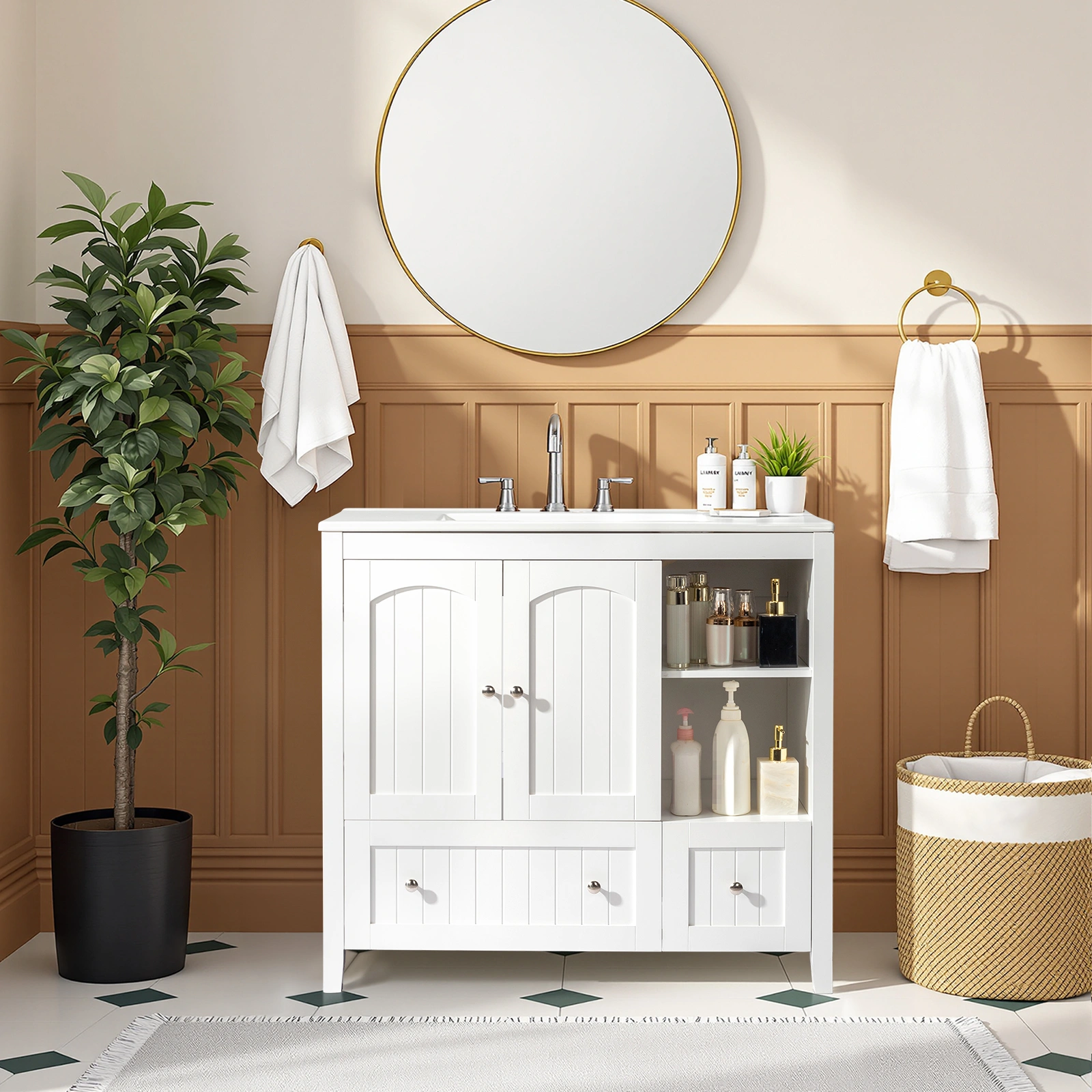 Without Basin White MDF spray paint double door double drawer with decorative strips bathroom cabinet 91*46*82cm view 19