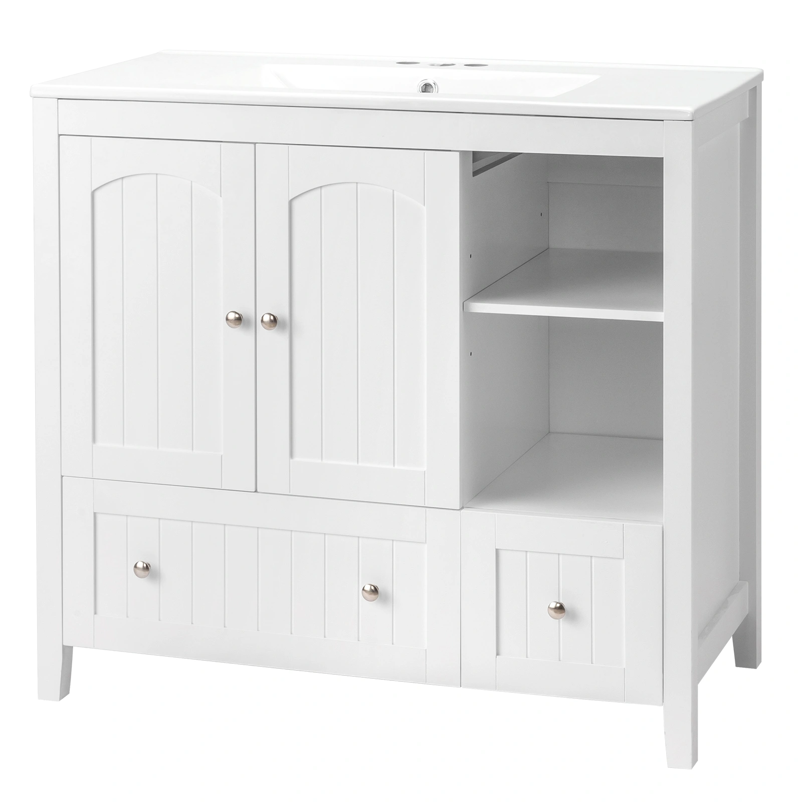 Without Basin White MDF spray paint double door double drawer with decorative strips bathroom cabinet 91*46*82cm view 2