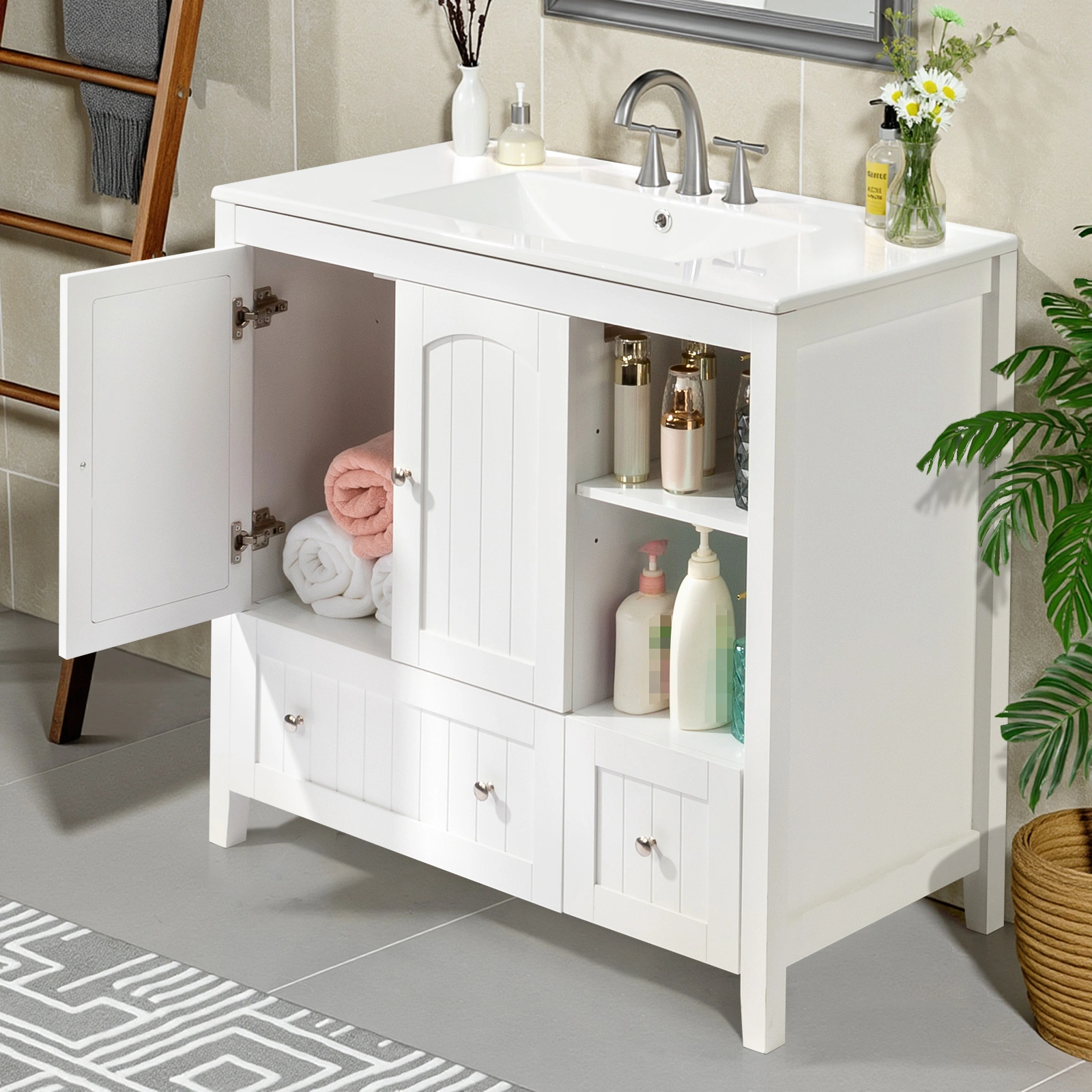 Without Basin White MDF spray paint double door double drawer with decorative strips bathroom cabinet 91*46*82cm view 20