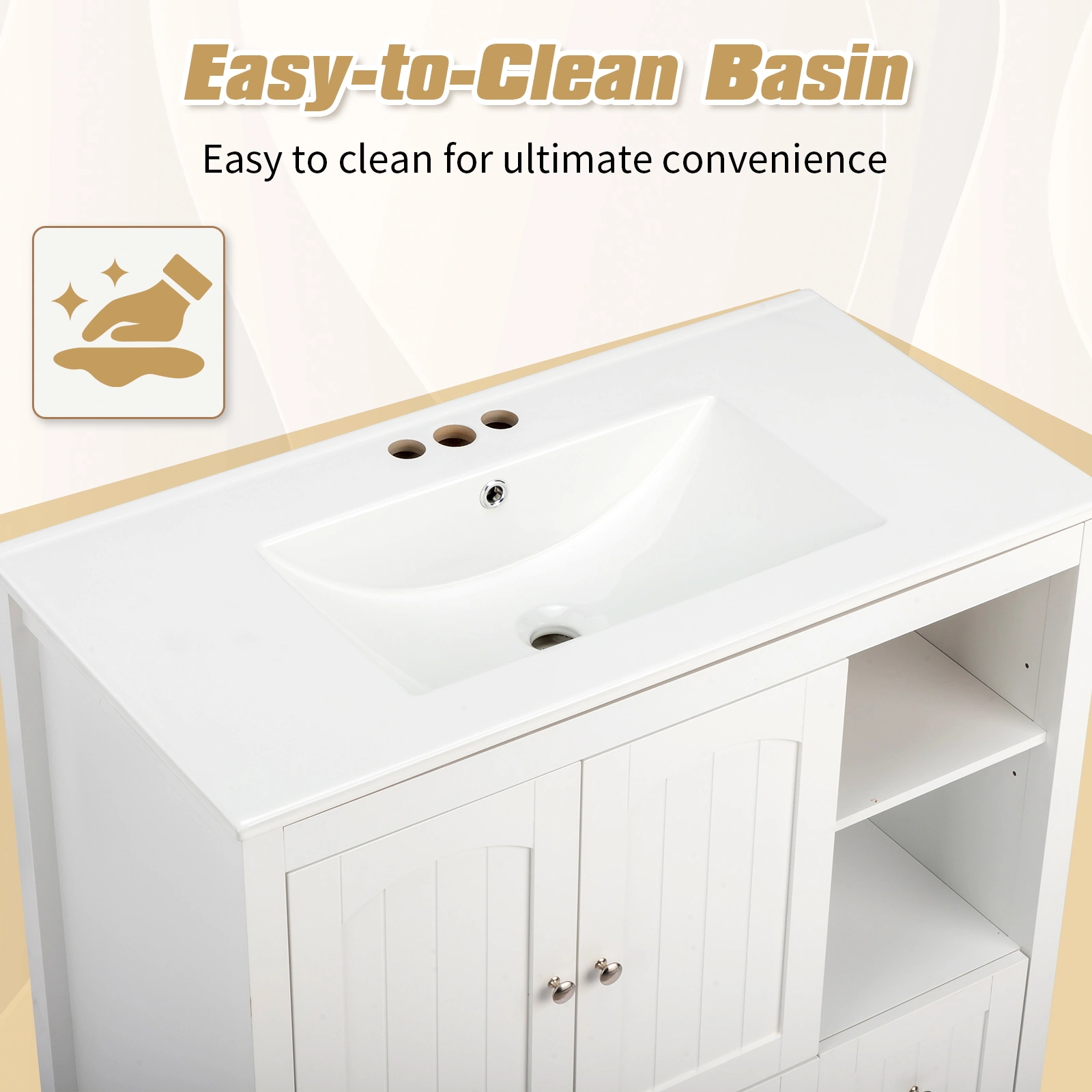 Without Basin White MDF spray paint double door double drawer with decorative strips bathroom cabinet 91*46*82cm view 4