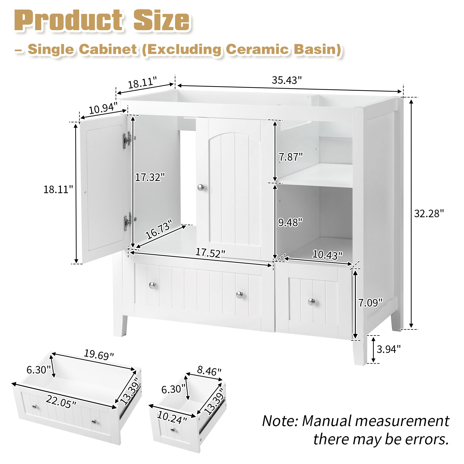 Without Basin White MDF spray paint double door double drawer with decorative strips bathroom cabinet 91*46*82cm view 6
