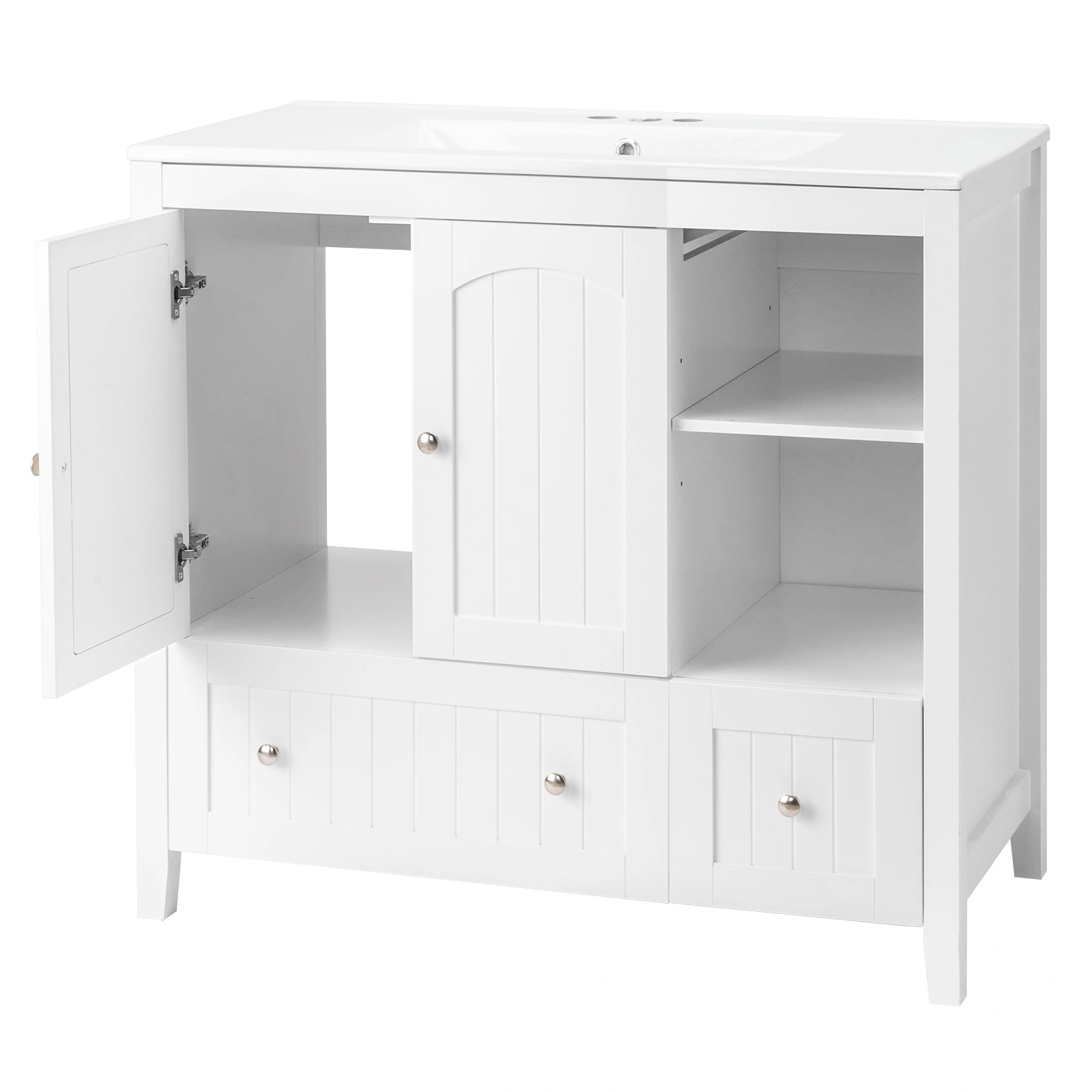 Without Basin White MDF spray paint double door double drawer with decorative strips bathroom cabinet 91*46*82cm view 7