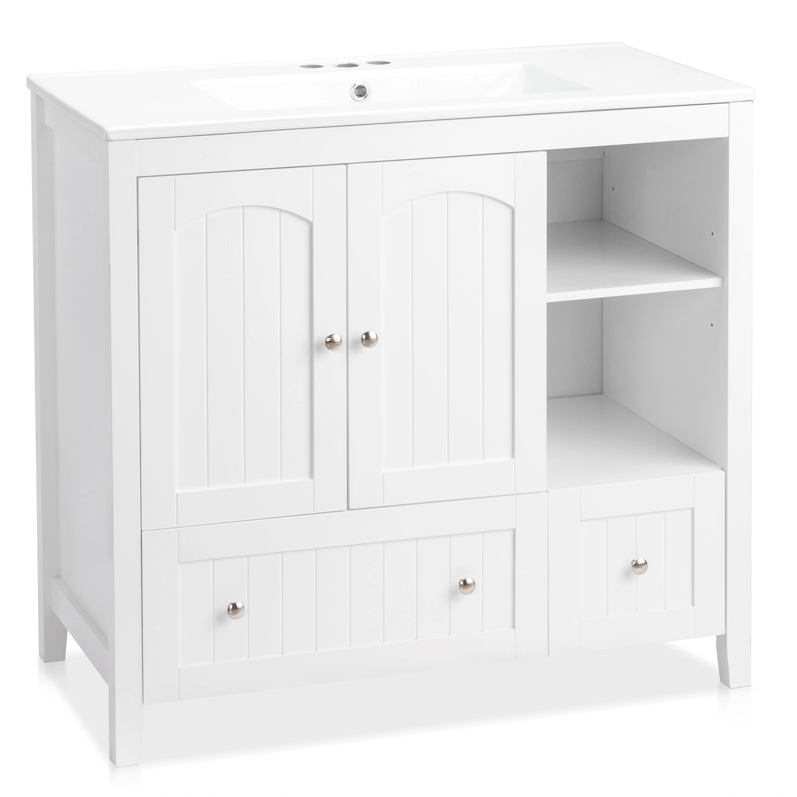 Without Basin White MDF spray paint double door double drawer with decorative strips bathroom cabinet 91*46*82cm view 8