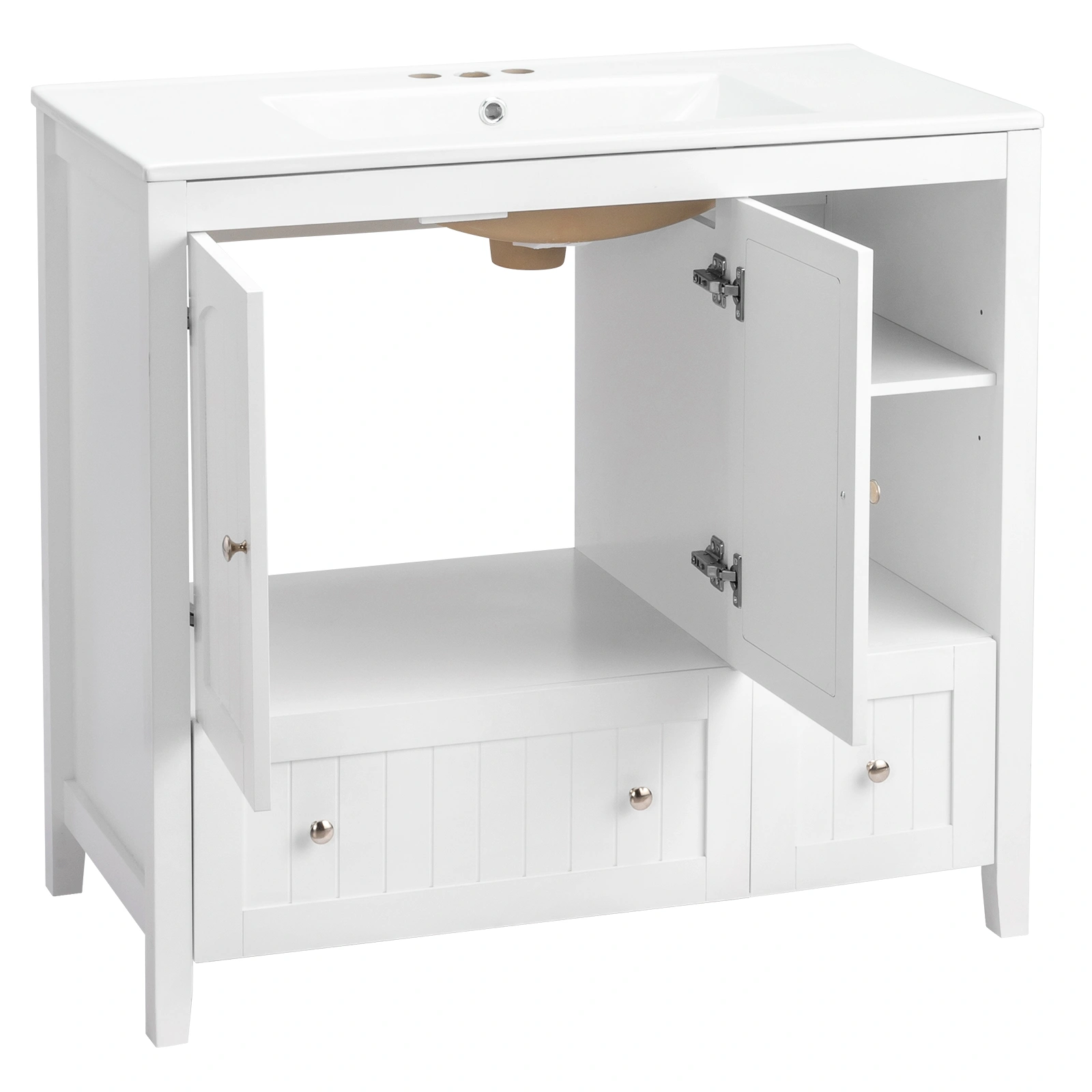 Without Basin White MDF spray paint double door double drawer with decorative strips bathroom cabinet 91*46*82cm view 9