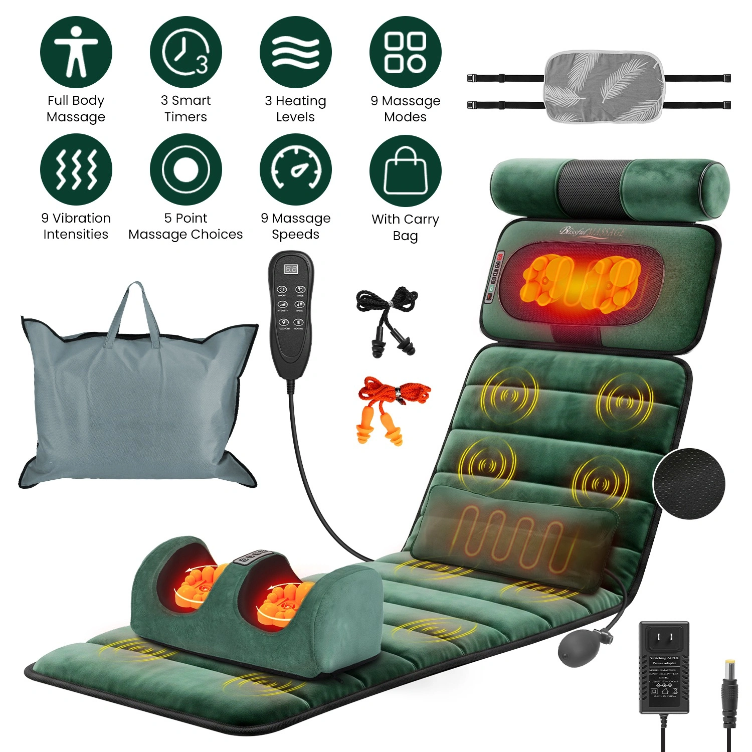 Full Body Electric Massage Mat with Detachable Neck & Foot Kneading Units, Inflatable Lumbar Pillow Heating Function 10 Vibration Points Multi Modes Timer Anti-Slip Base Foldable with Storage Bag