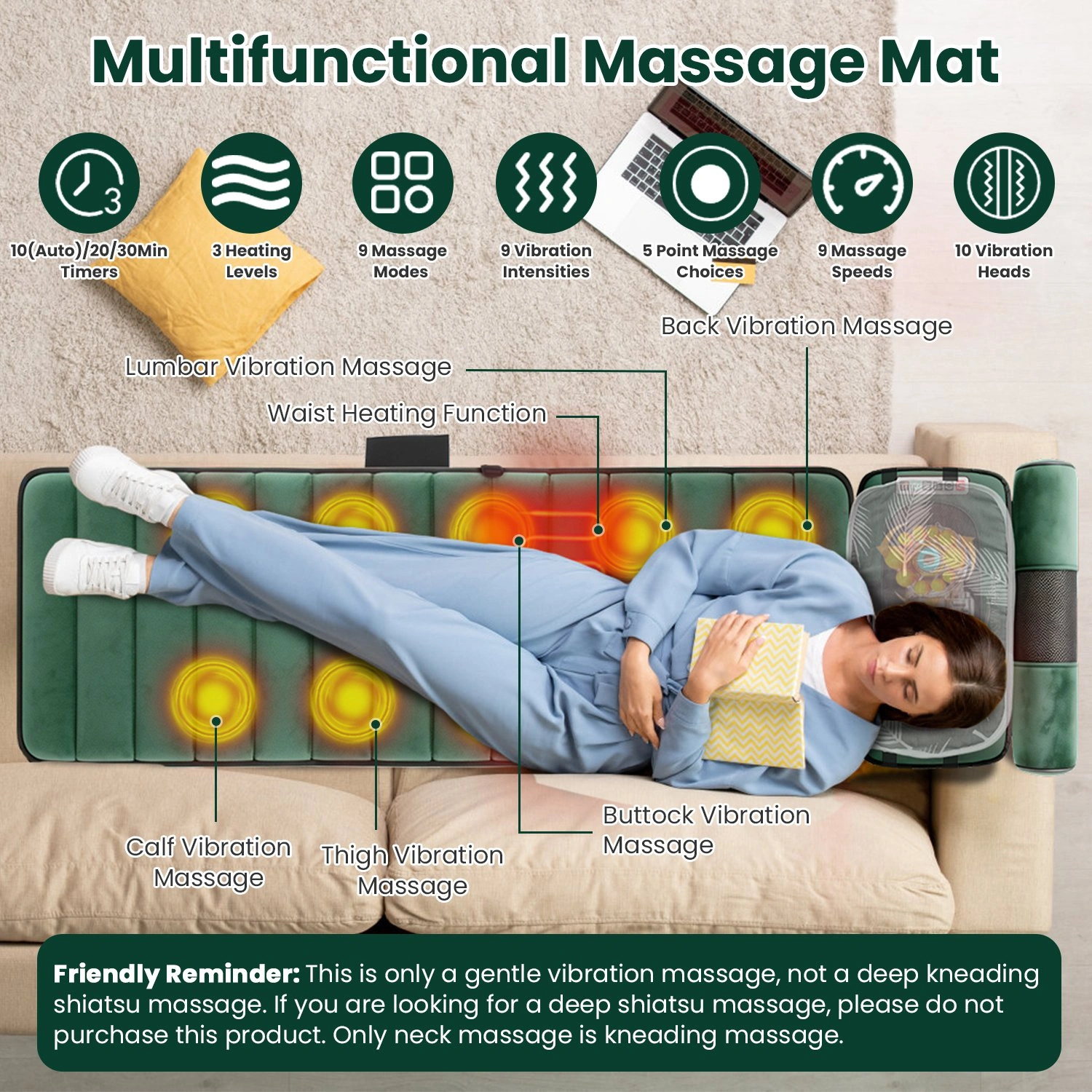 Full Body Electric Massage Mat with Detachable Neck & Foot Kneading Units, Inflatable Lumbar Pillow Heating Function 10 Vibration Points Multi Modes Timer Anti-Slip Base Foldable with Storage Bag view 10