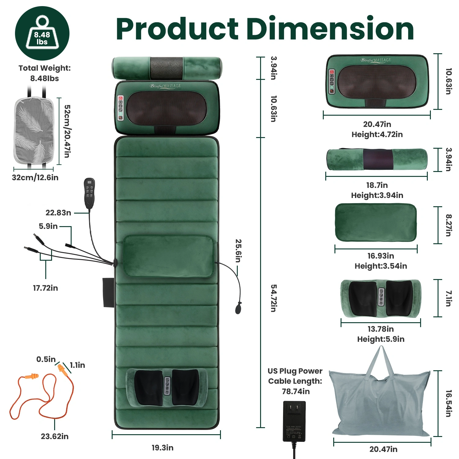 Full Body Electric Massage Mat with Detachable Neck & Foot Kneading Units, Inflatable Lumbar Pillow Heating Function 10 Vibration Points Multi Modes Timer Anti-Slip Base Foldable with Storage Bag view 13