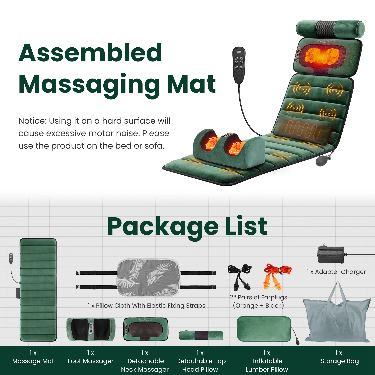 Full Body Electric Massage Mat with Detachable Neck & Foot Kneading Units, Inflatable Lumbar Pillow Heating Function 10 Vibration Points Multi Modes Timer Anti-Slip Base Foldable with Storage Bag view 3