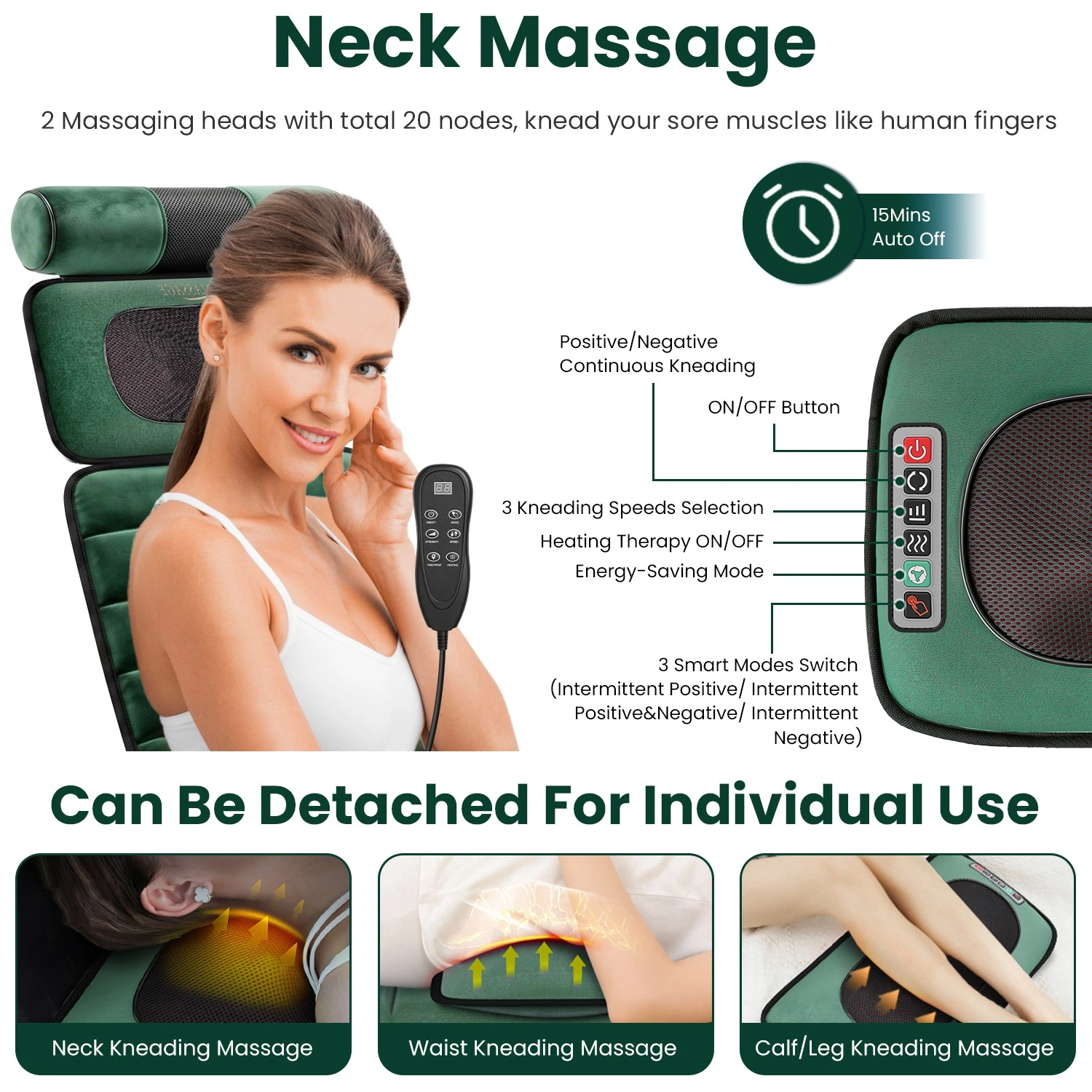 Full Body Electric Massage Mat with Detachable Neck & Foot Kneading Units, Inflatable Lumbar Pillow Heating Function 10 Vibration Points Multi Modes Timer Anti-Slip Base Foldable with Storage Bag view 4