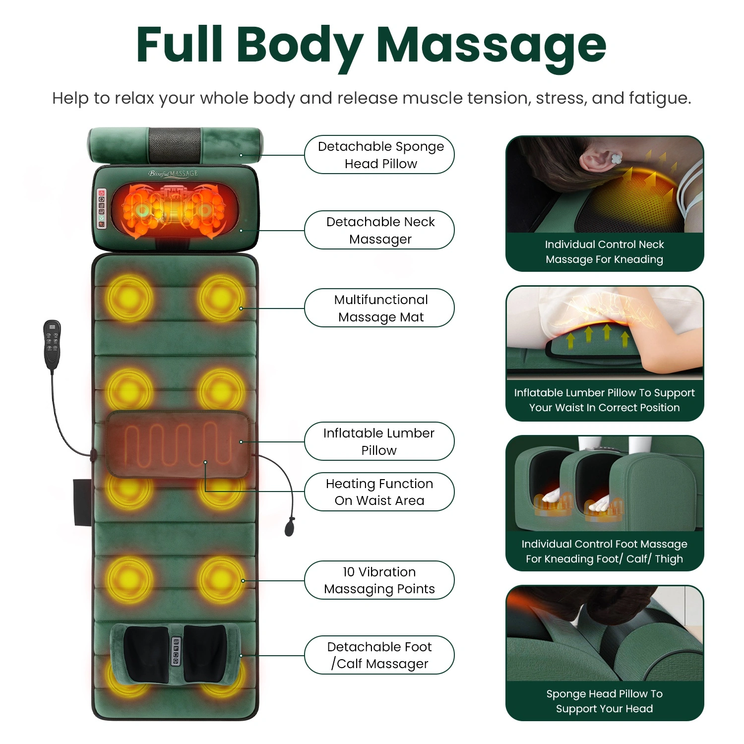 Full Body Electric Massage Mat with Detachable Neck & Foot Kneading Units, Inflatable Lumbar Pillow Heating Function 10 Vibration Points Multi Modes Timer Anti-Slip Base Foldable with Storage Bag view 5