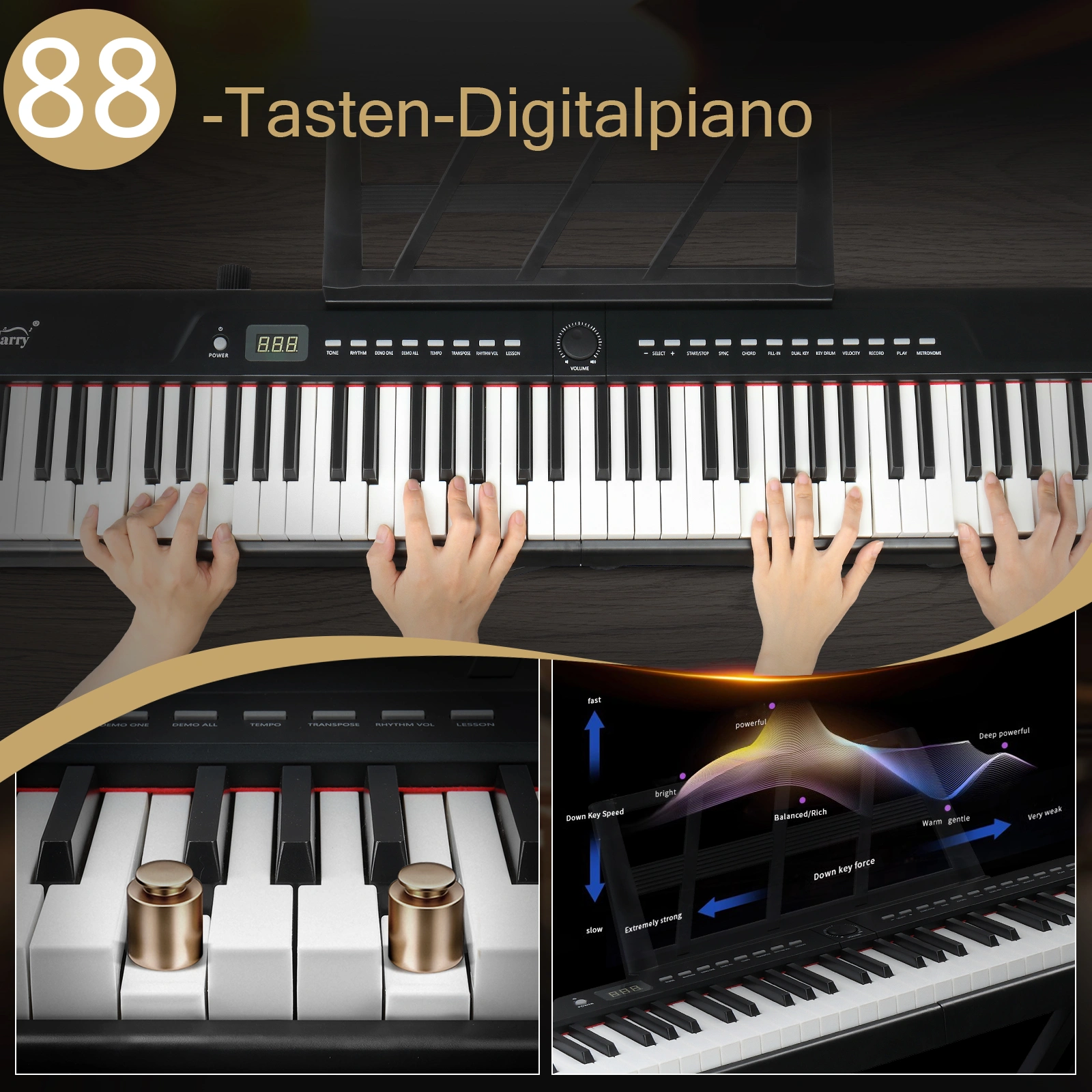 GPP-105 88 Key Digital Piano with Dual X-Shape Stand, Semi-Weighted Full Size Keyboard, MIDI Bluetooth, Headphone, Black view 3