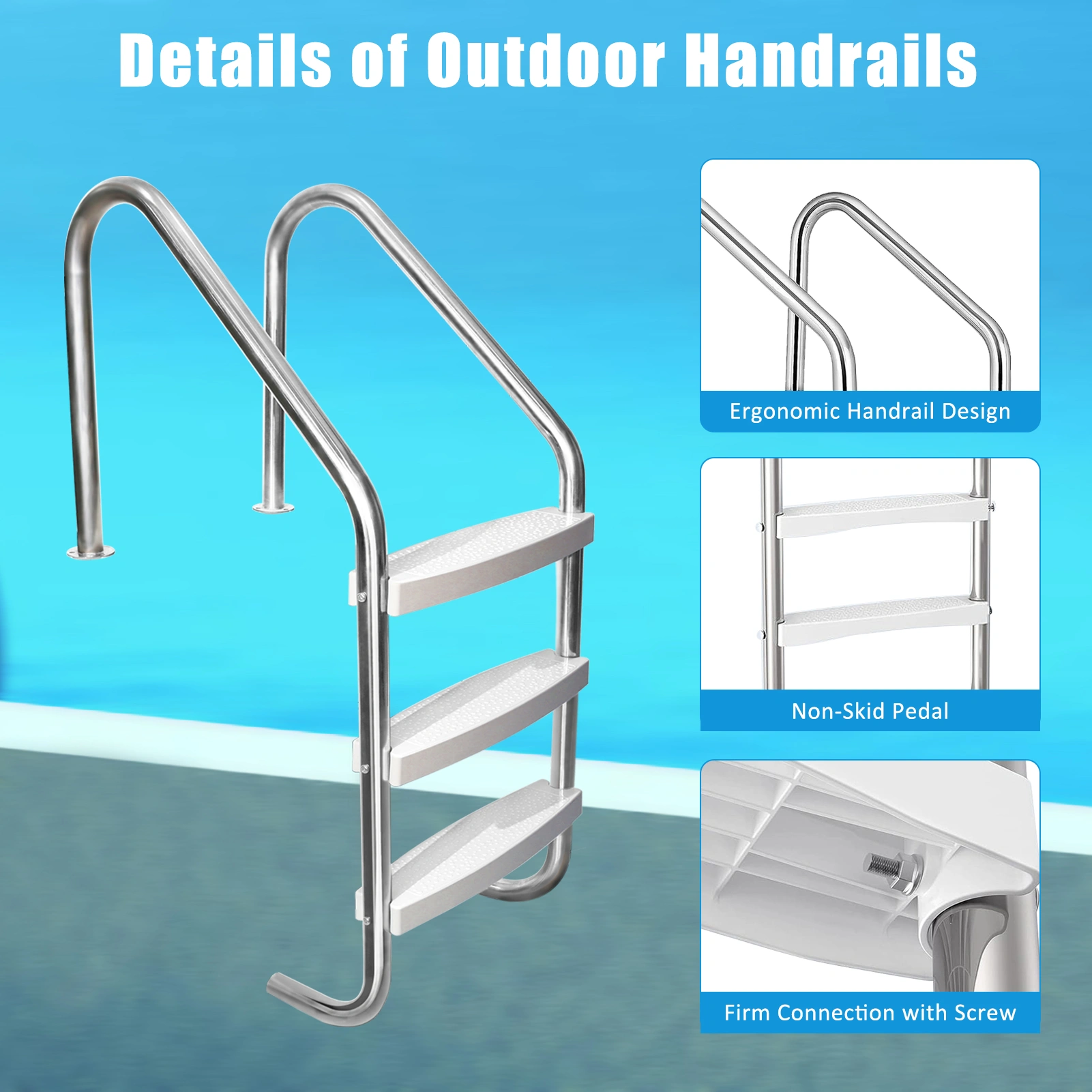 3 Step Stainless Steel Pool Ladder for Inground Pools, Anti-Slip Plastic Pool Steps, Heavy Duty Pool Stairs with Handrail, Easy Assembly view 2