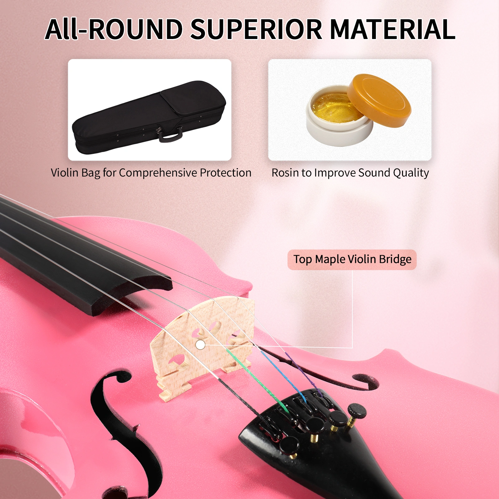 New 1/8 Acoustic Violin Case Bow Rosin Pink view 17