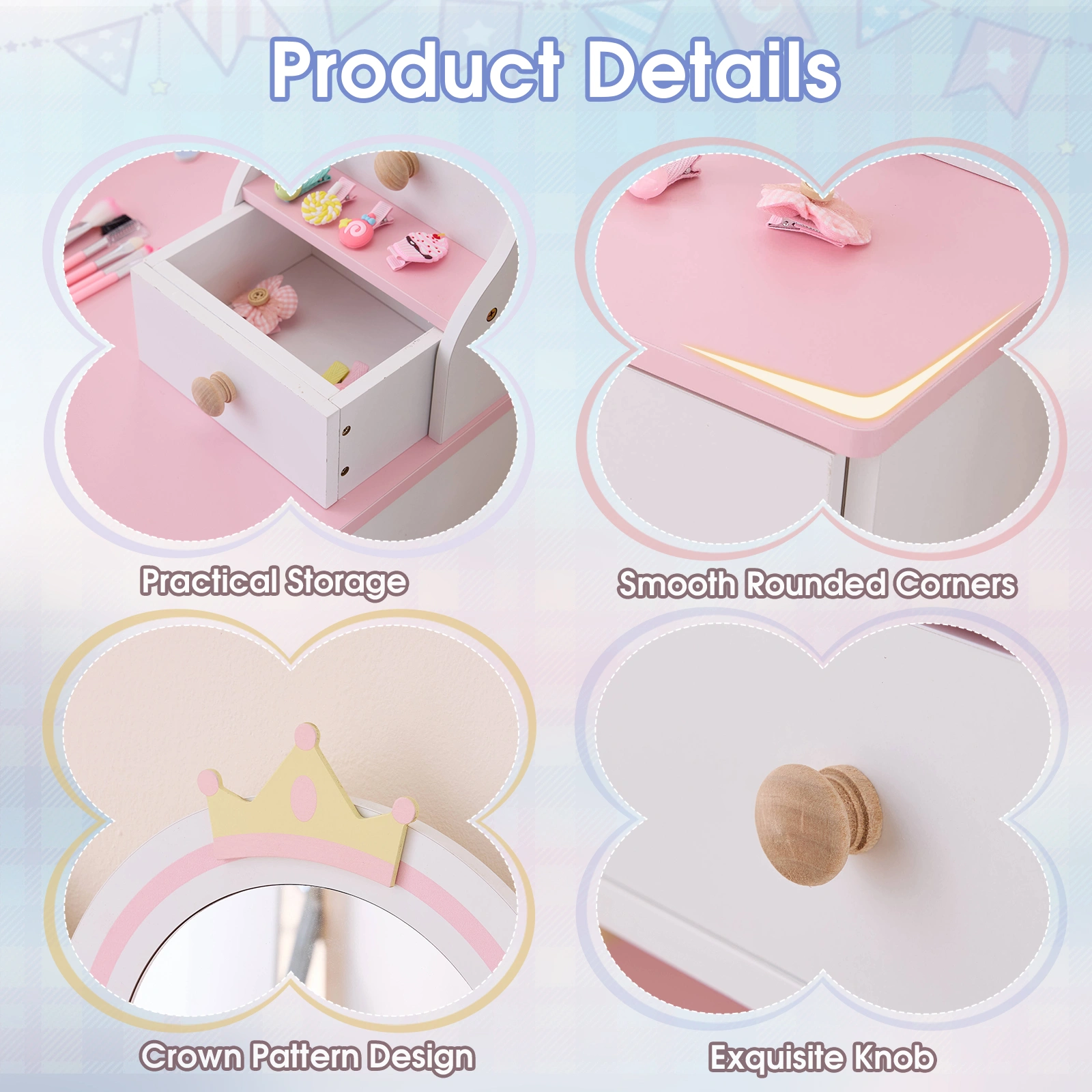 White and pink crown element, MDF + particleboard + solid wood legs, painted and melamine laminated, 4-drawer children's dressing table set view 10