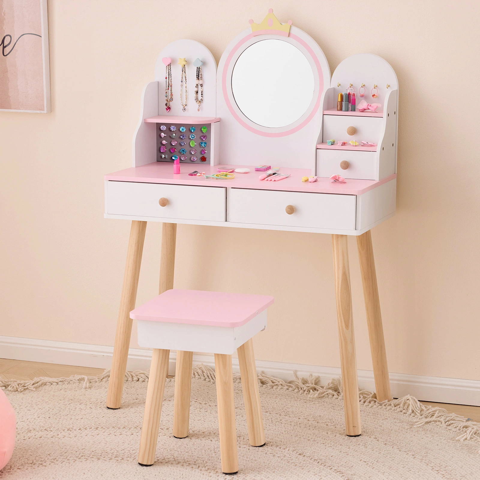 White and pink crown element, MDF + particleboard + solid wood legs, painted and melamine laminated, 4-drawer children's dressing table set view 11