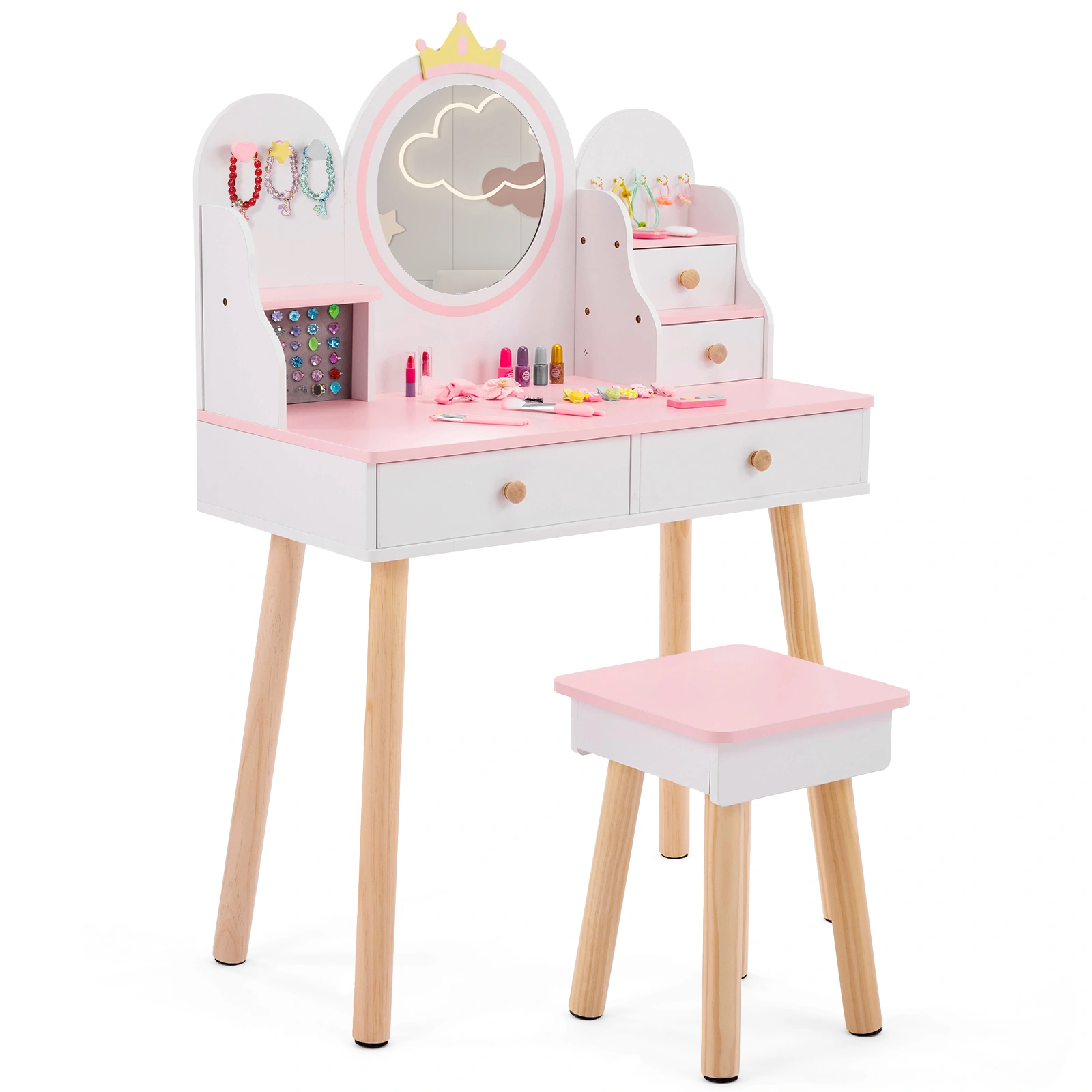 White and pink crown element, MDF + particleboard + solid wood legs, painted and melamine laminated, 4-drawer children's dressing table set view 3