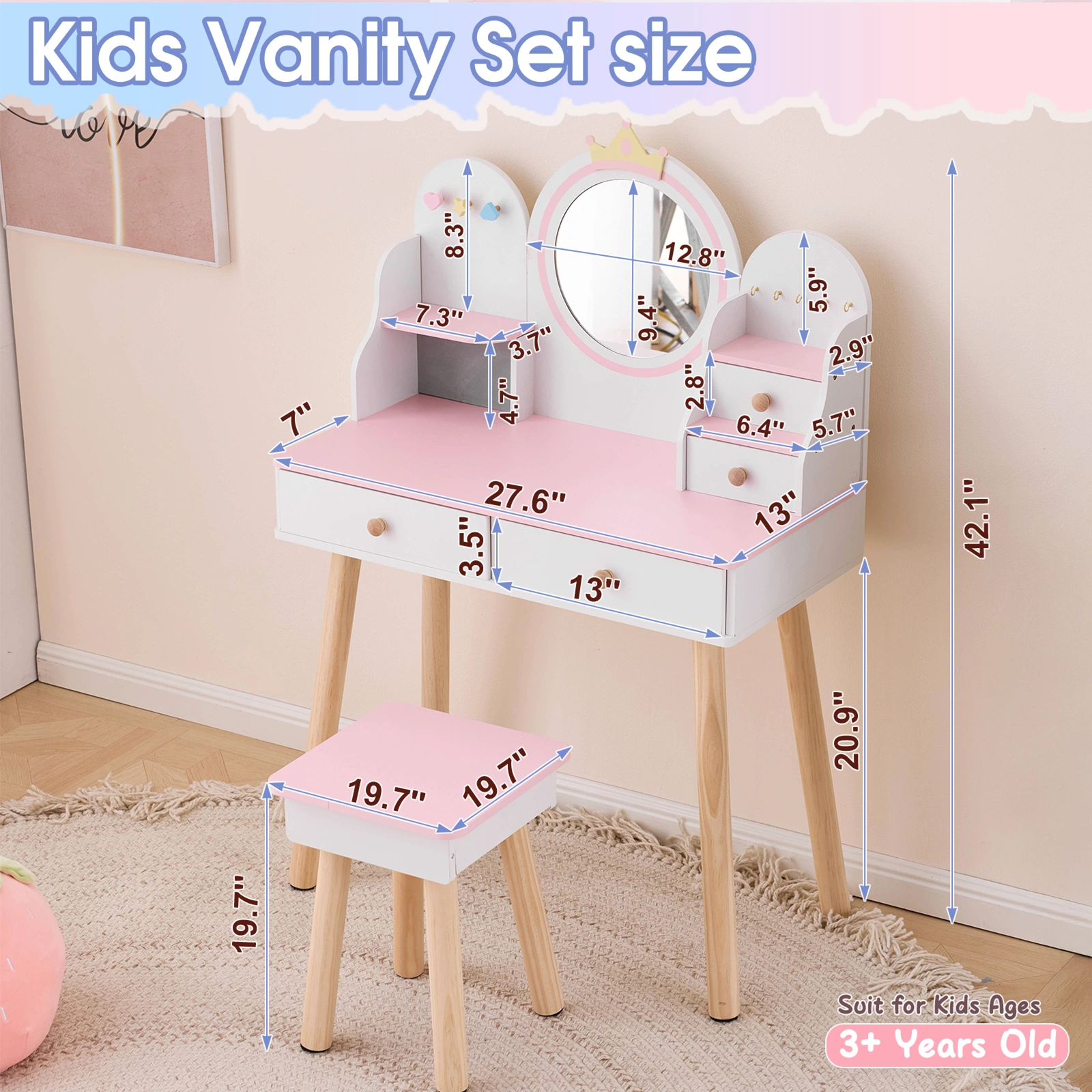 White and pink crown element, MDF + particleboard + solid wood legs, painted and melamine laminated, 4-drawer children's dressing table set view 7