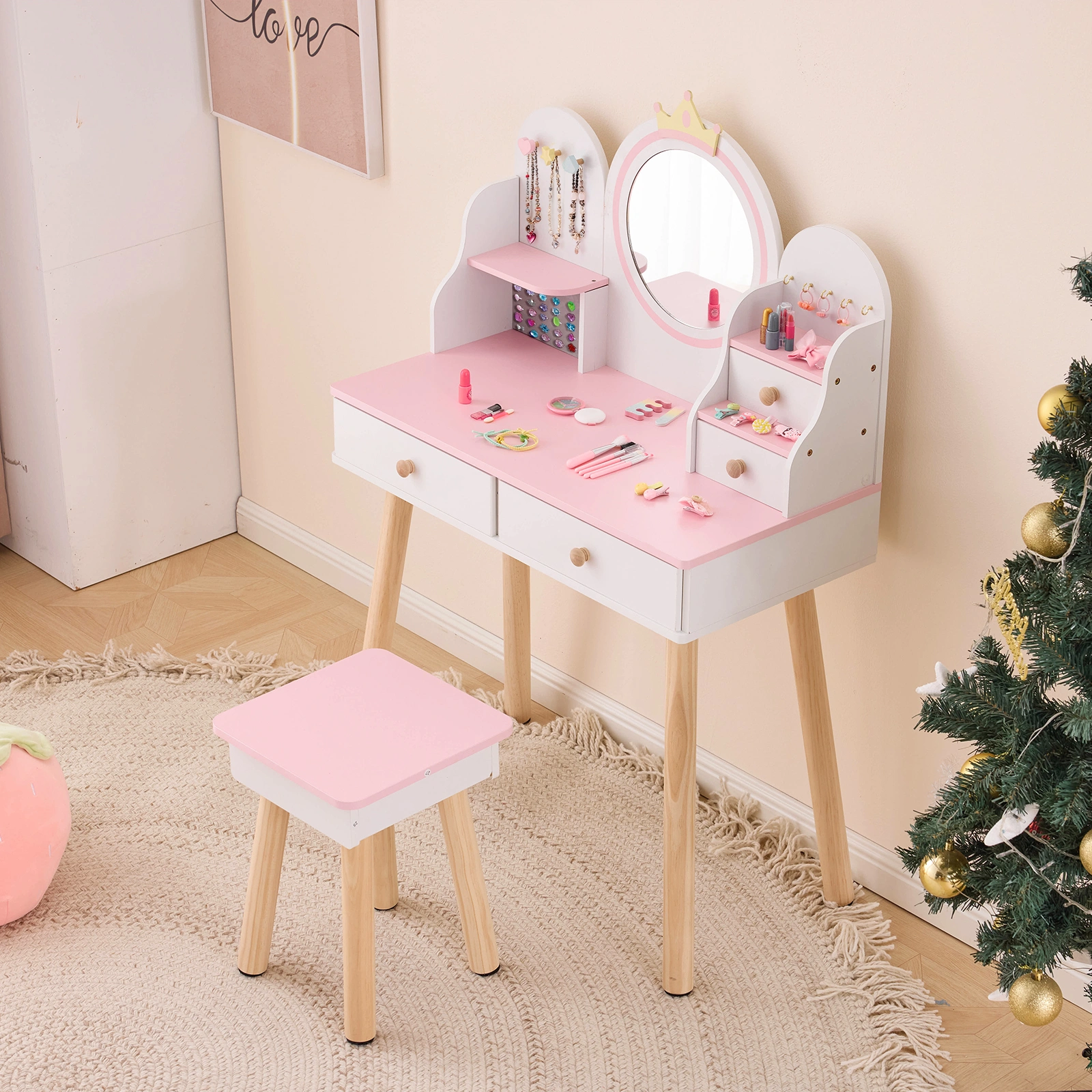 White and pink crown element, MDF + particleboard + solid wood legs, painted and melamine laminated, 4-drawer children's dressing table set view 9