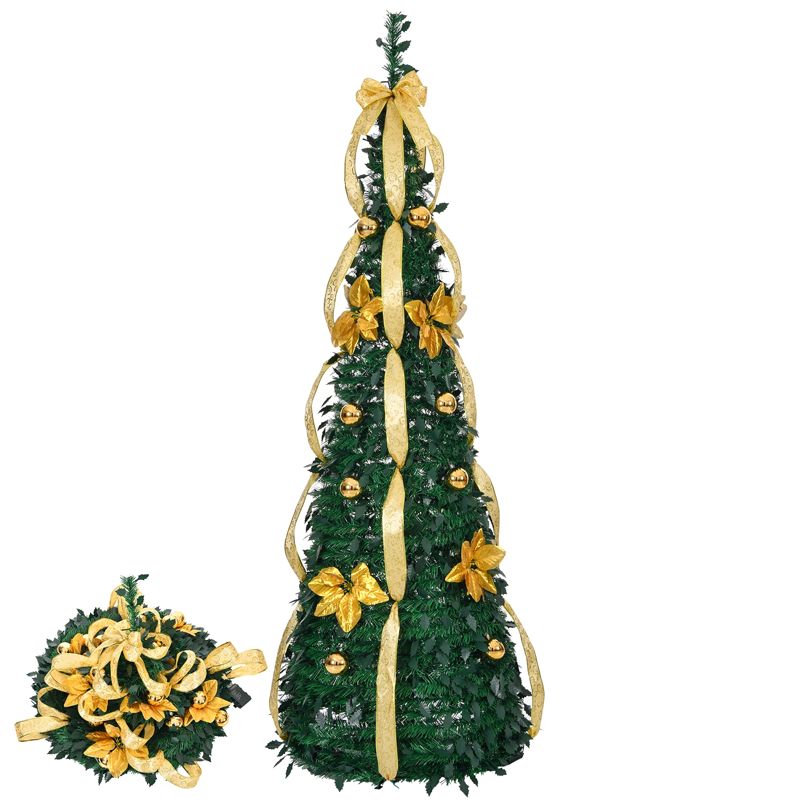 7FT Pop Up Christmas Tree Fully Decorated, 100 Warm Lights Battery Operated Artificial Xmas Tree with Golden Silver Ornaments, Holiday Home Office Decor