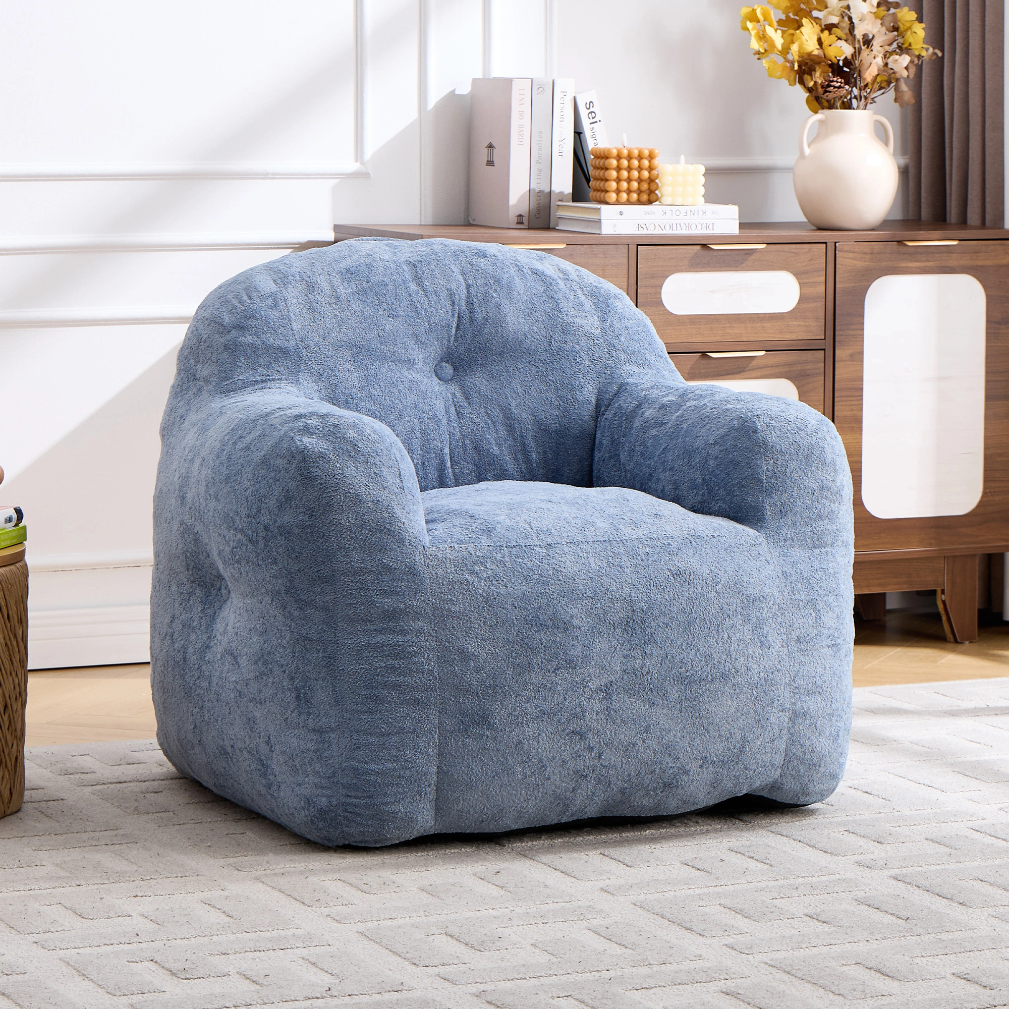 Faux Fur Bean Bag Chair with Armrests,Shredded Sponge Filler,Comfy Sofa for Living Room Bedroom No Assembly Required Blue