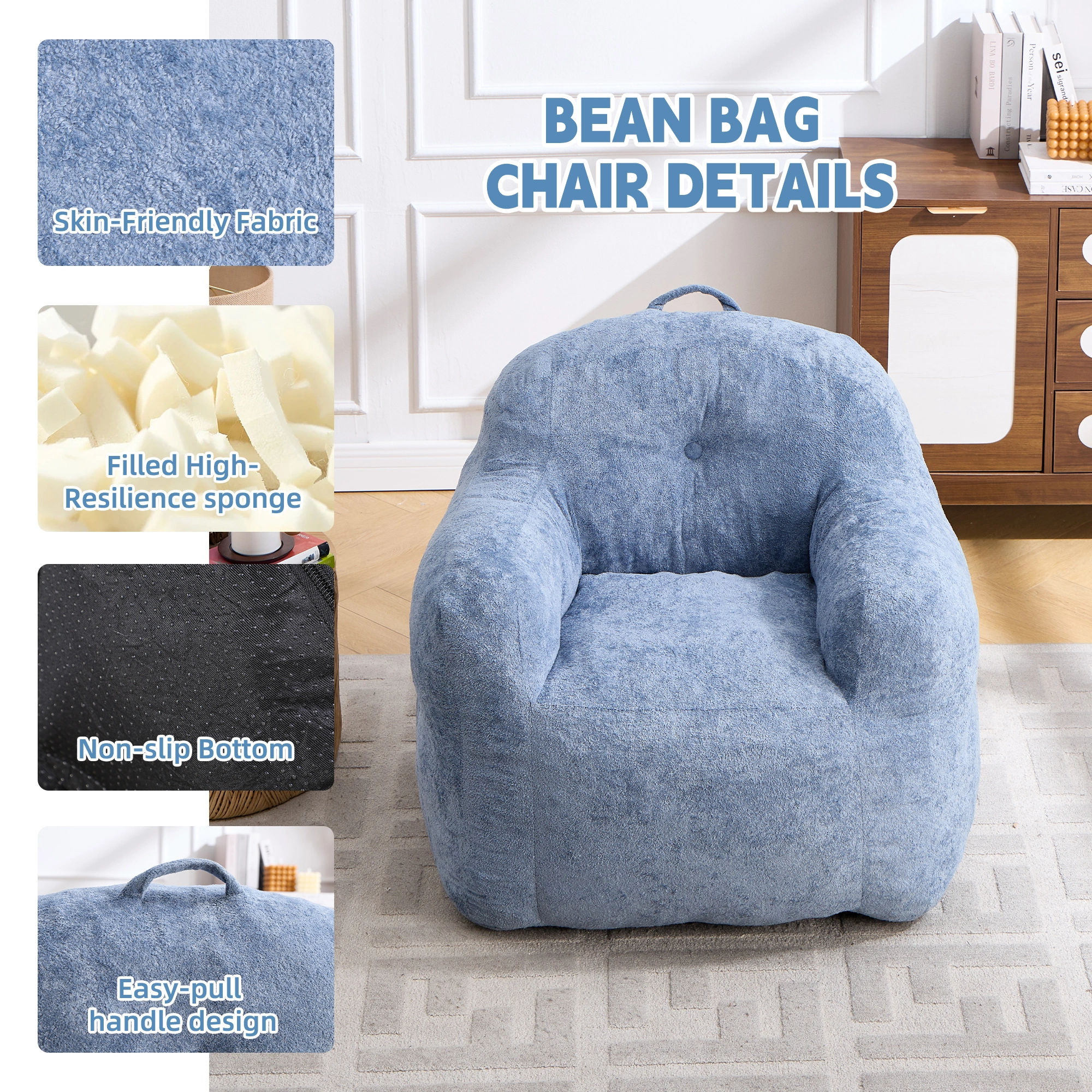 Faux Fur Bean Bag Chair with Armrests,Shredded Sponge Filler,Comfy Sofa for Living Room Bedroom No Assembly Required Blue view 4