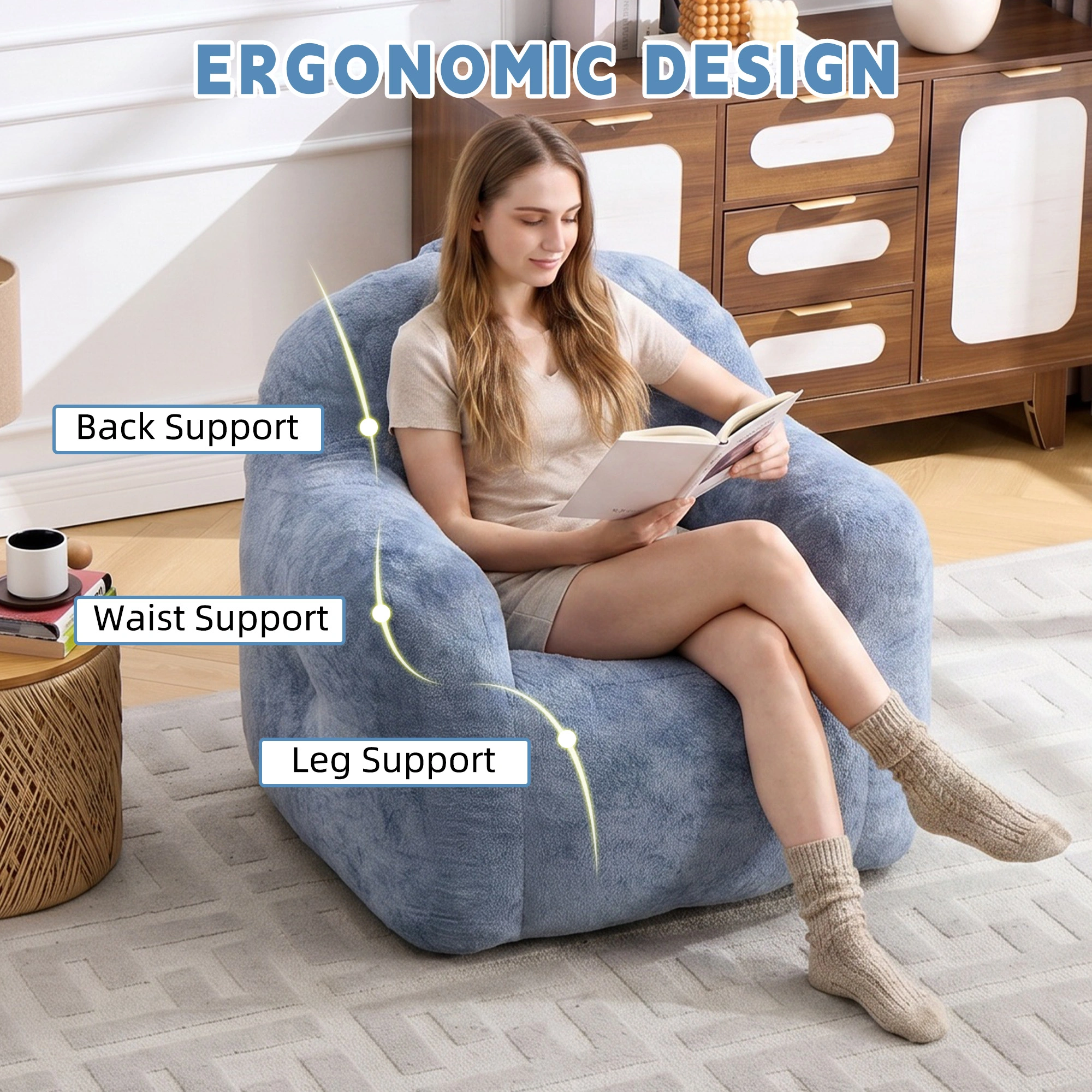 Faux Fur Bean Bag Chair with Armrests,Shredded Sponge Filler,Comfy Sofa for Living Room Bedroom No Assembly Required Blue view 5