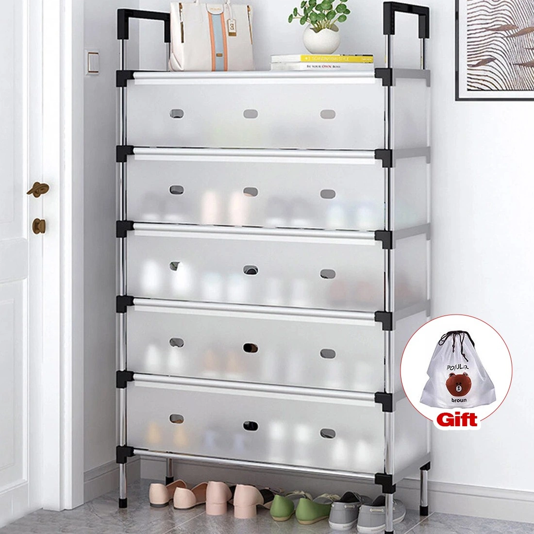 7 Tier Shoe Rack Storage Cabinet Organizer with Dust-Proof Cover Boot Heel Holder Stand view 2