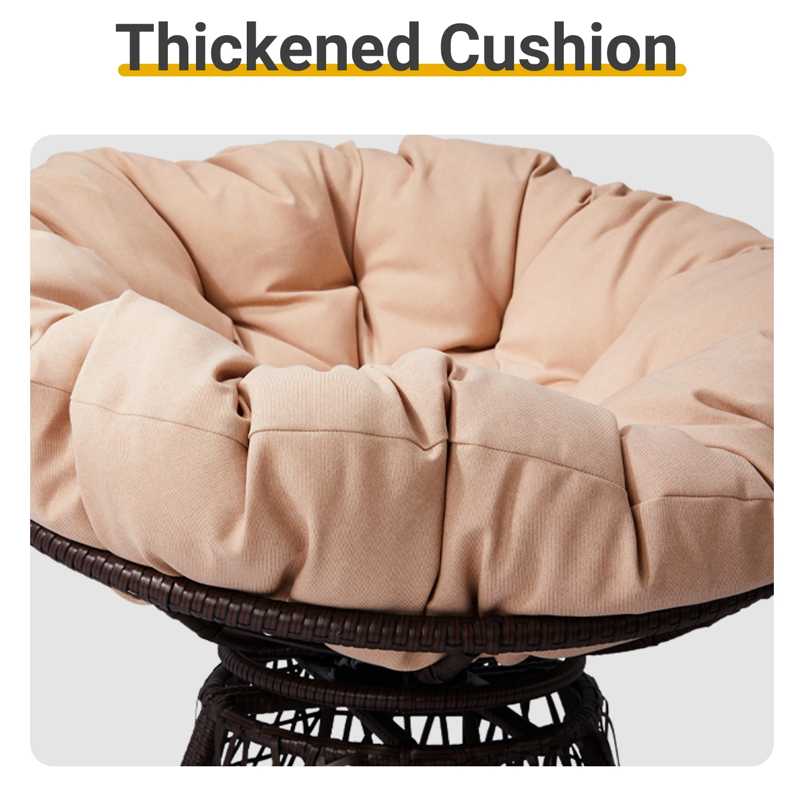 38" Ergonomic Swivel Wicker Papasan Chair with Thick Tufted Cushions, 360 Degree Rotatable Chairs for Living Room Bedroom Reading Room, Beige Cushion view 8