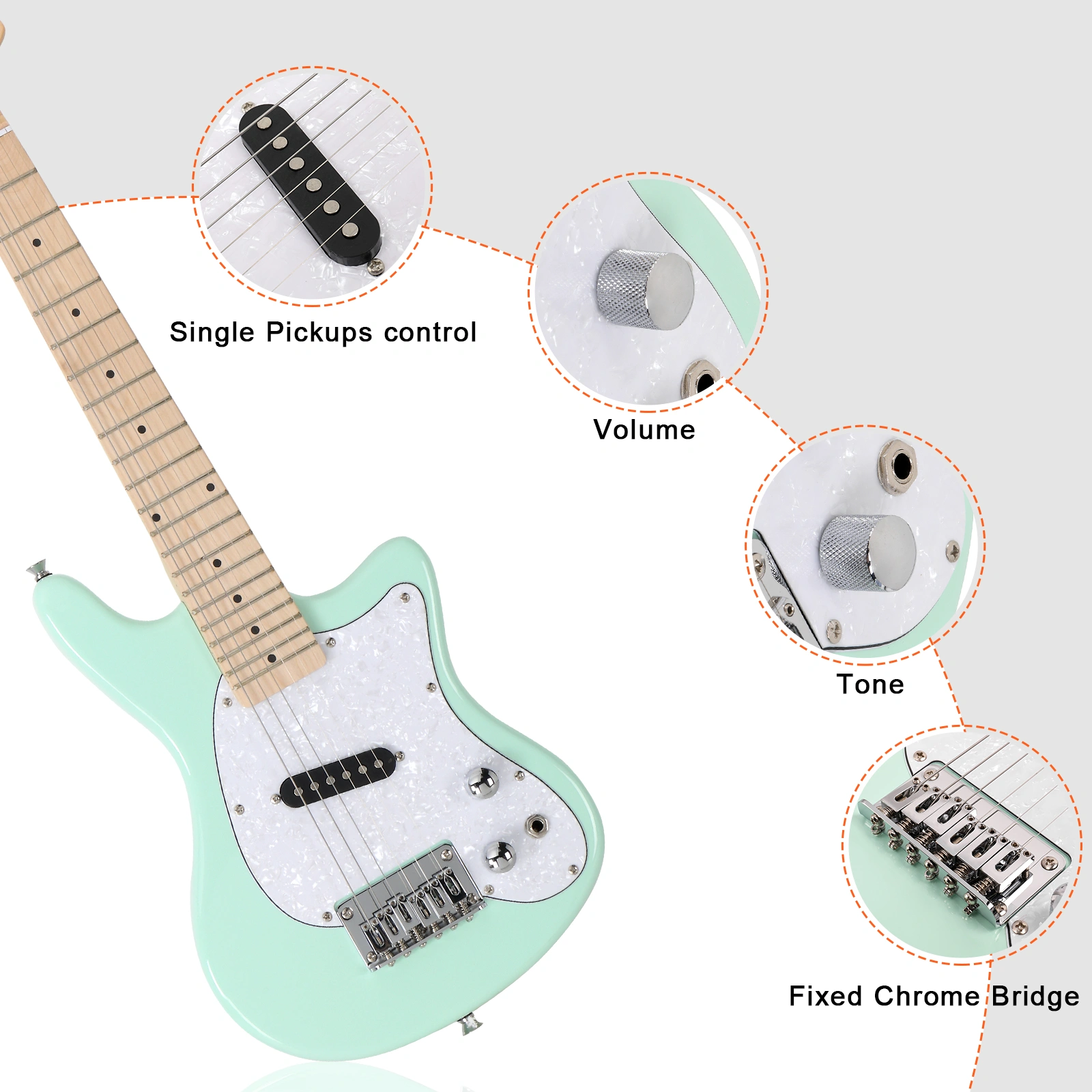 30in Maple Fingerboard Mini Electric Guitar Kit with 5W Amplifier Bag String Shoulder Strap Plectrum Cord Wrench Tool Light Green view 18